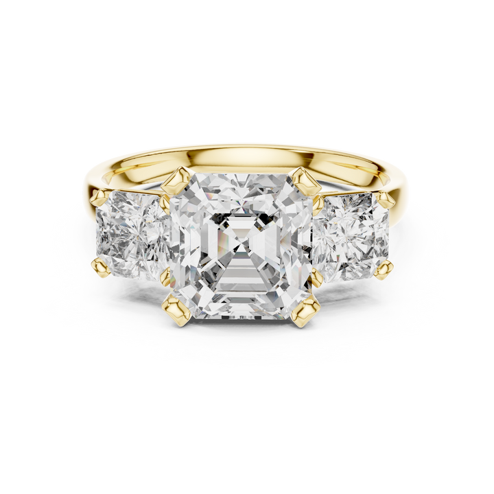 Emerald Cut Diamond Three Stone Ring with Radiant Side Diamonds