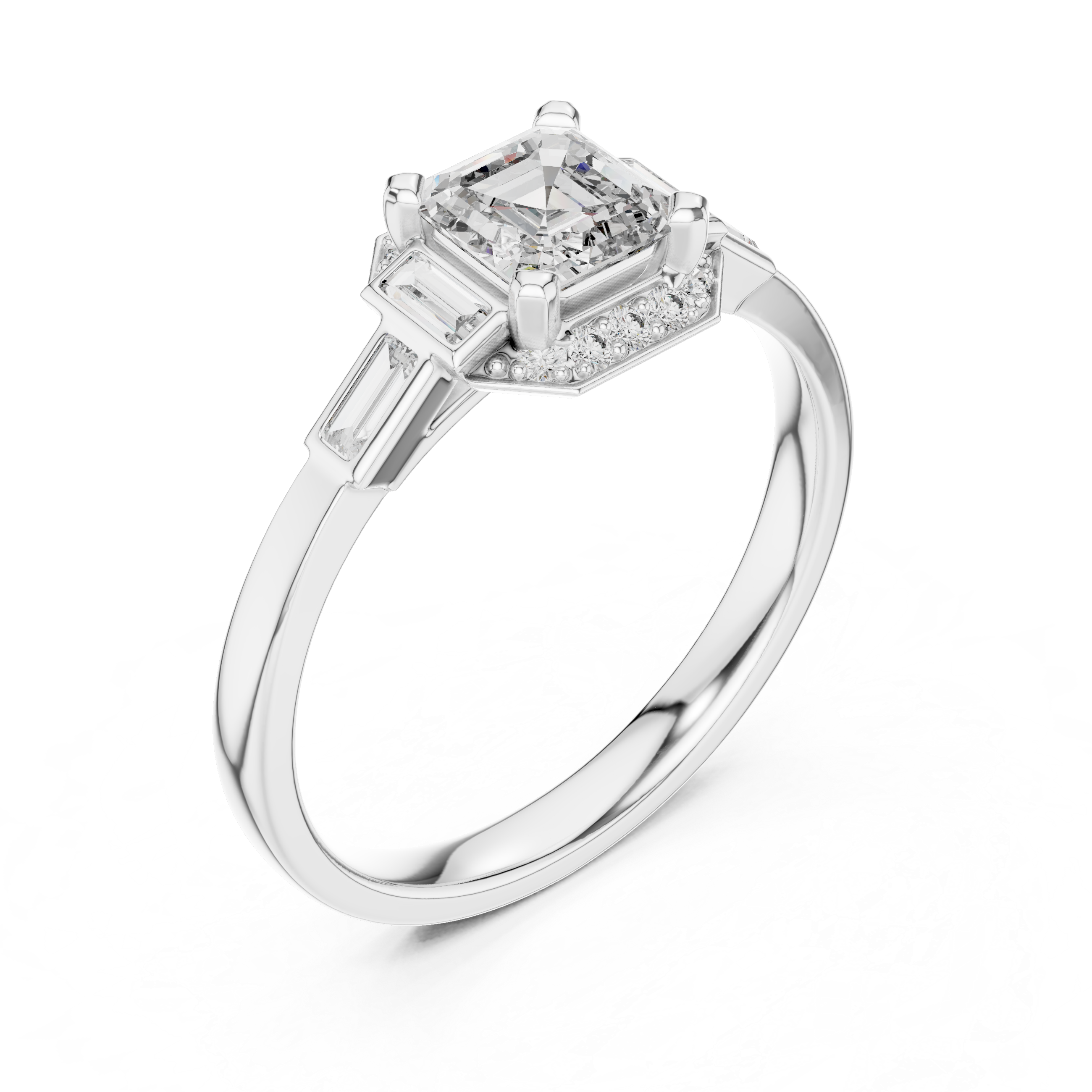 Emerald Cut Diamond Solitaire Ring with Tapered Side Stones