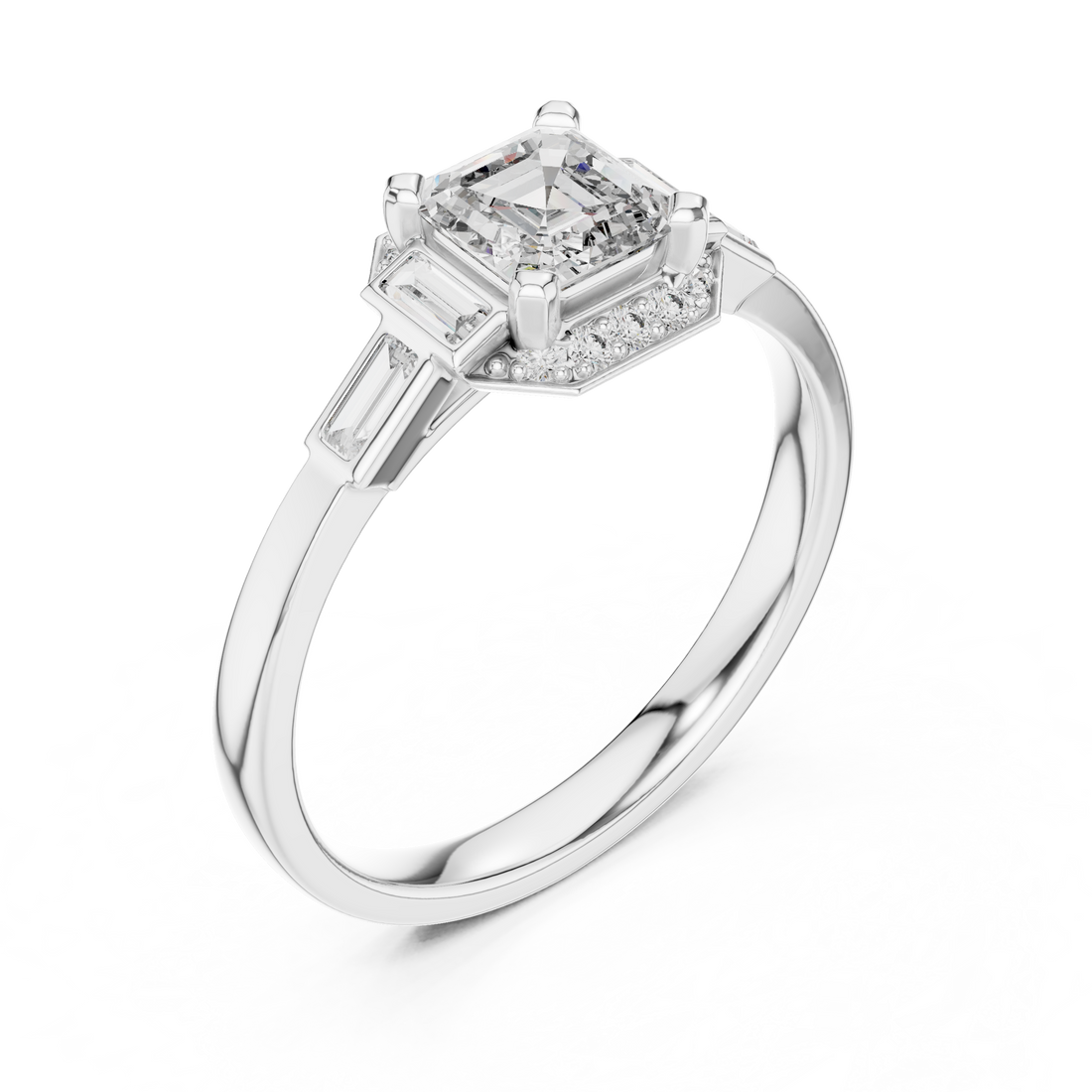 Emerald Cut Diamond Solitaire Ring with Tapered Side Stones