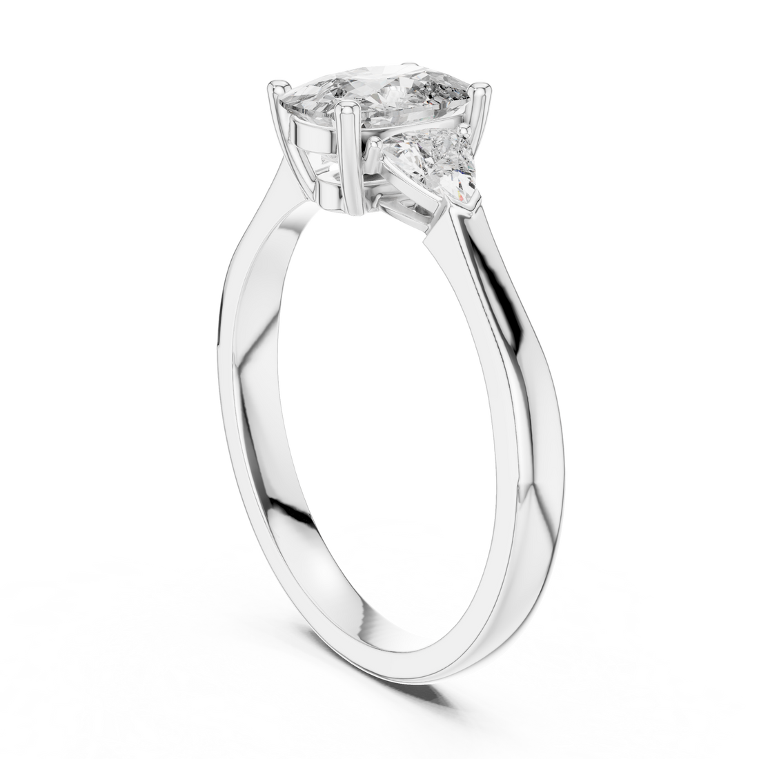 Cushion Cut Diamond Three Stone Ring with Trillion Side Stones