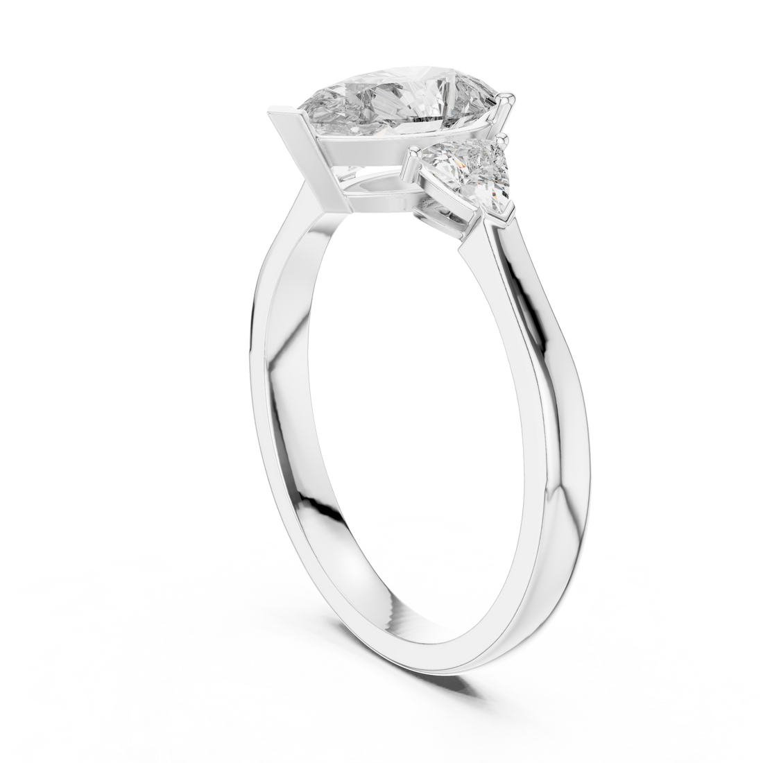 Pear Cut Diamond Three Stone Ring with Trillion Side Accents