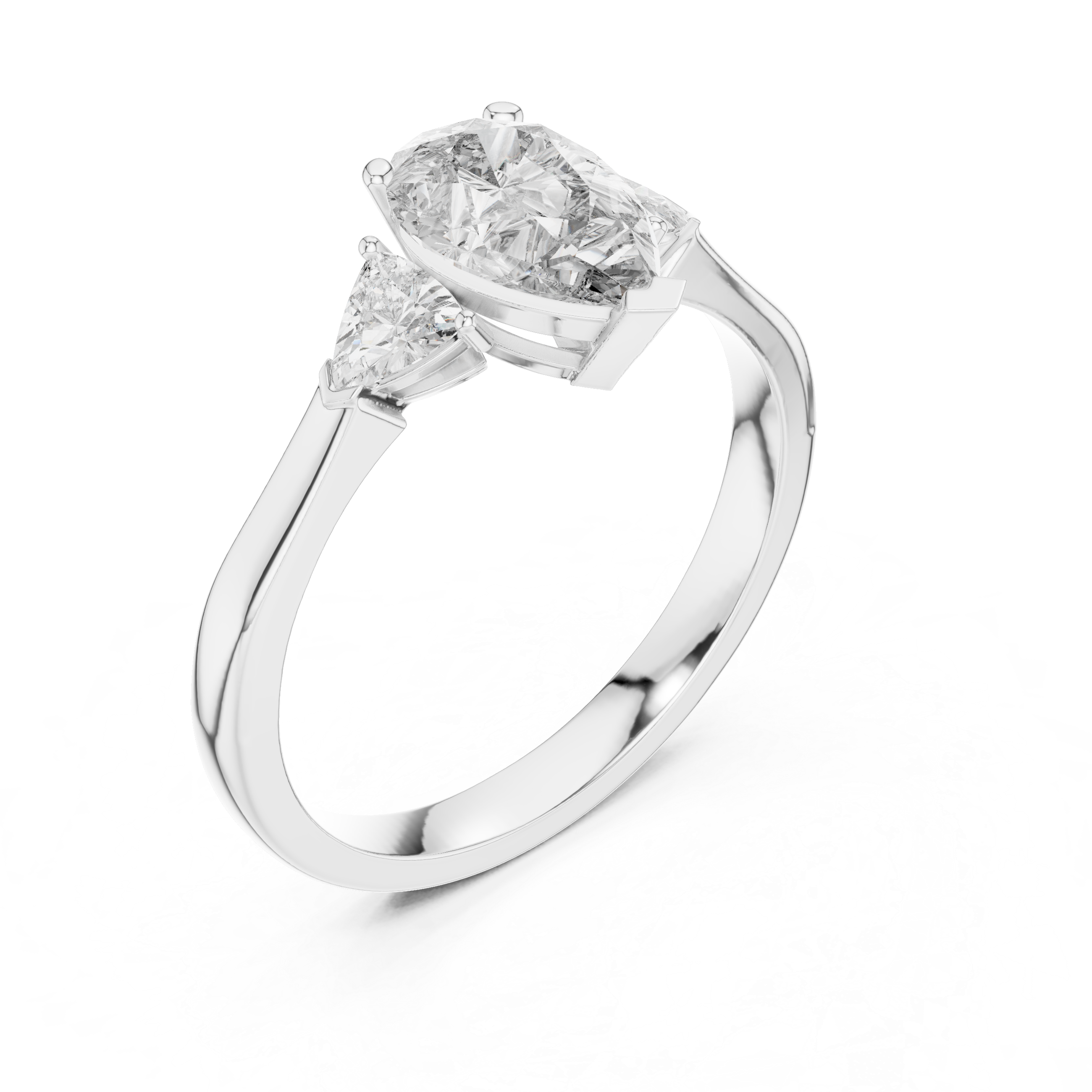 Pear Cut Diamond Three Stone Ring with Trillion Side Accents