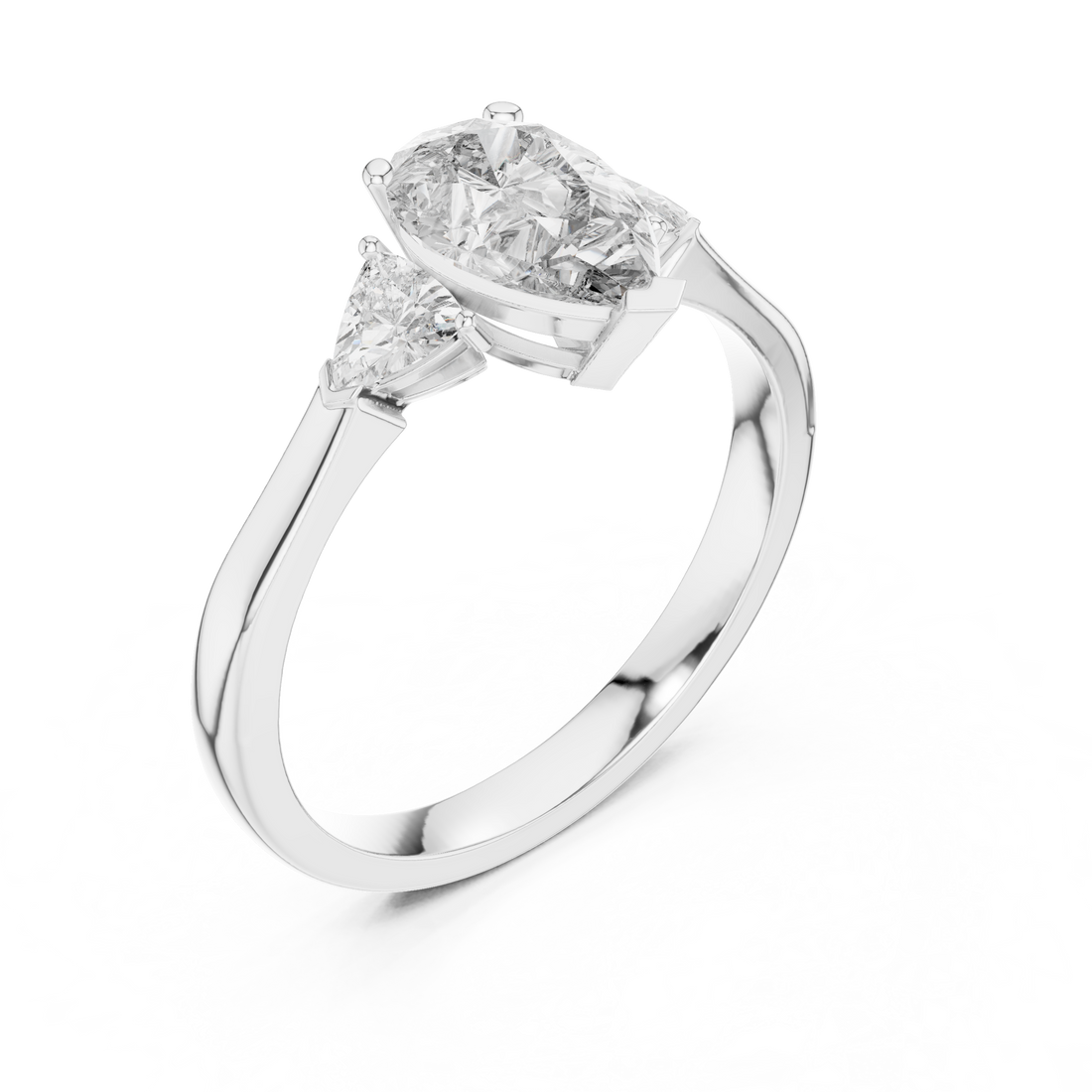 Pear Cut Diamond Three Stone Ring with Trillion Side Accents