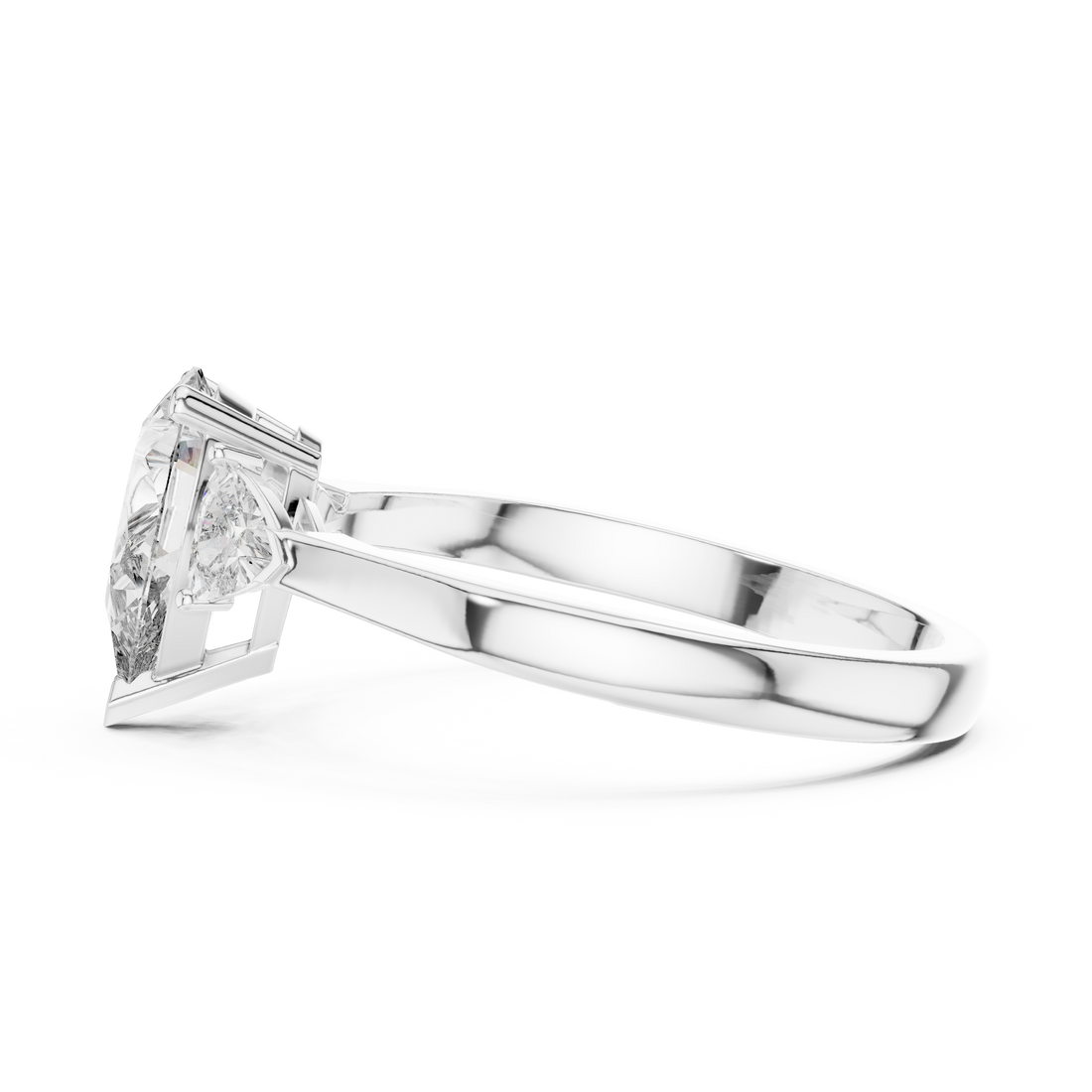 Pear Cut Diamond Three Stone Ring with Trillion Side Accents