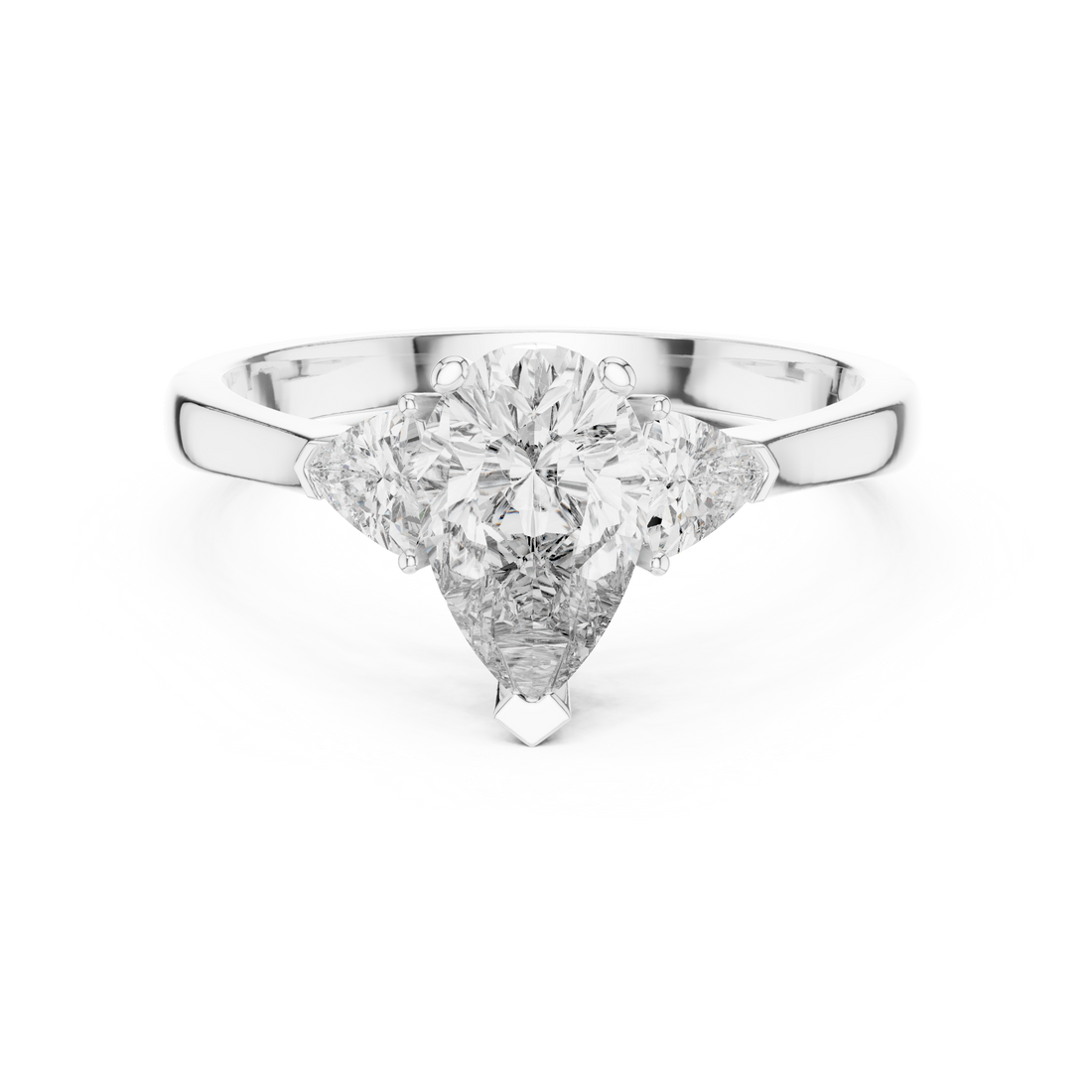 Pear Cut Diamond Three Stone Ring with Trillion Side Accents