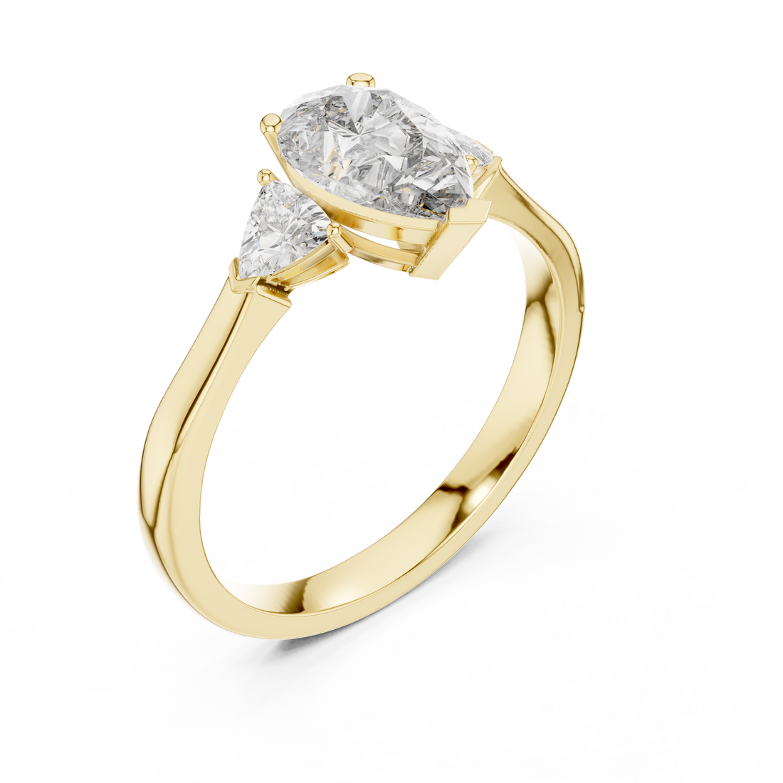 Pear Cut Diamond Three Stone Ring with Trillion Side Accents