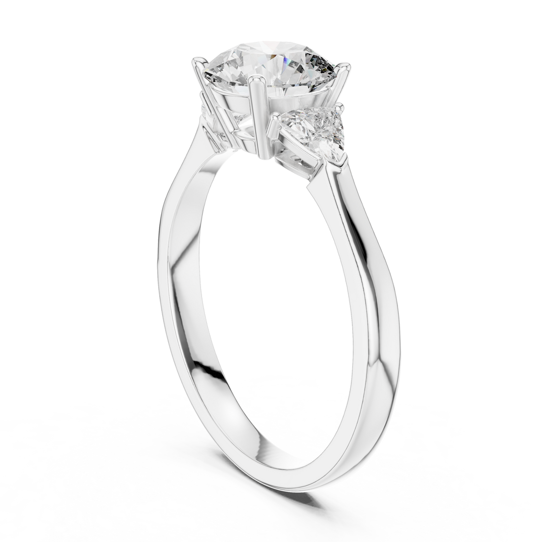 Round Cut Diamond Three Stone Ring with Trillion Side Accents