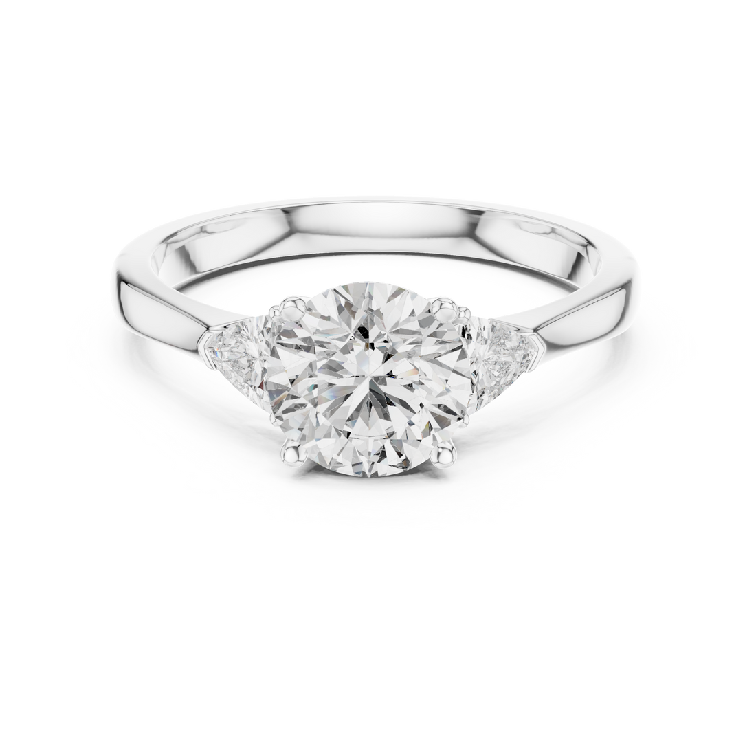 Round Cut Diamond Three Stone Ring with Trillion Side Accents