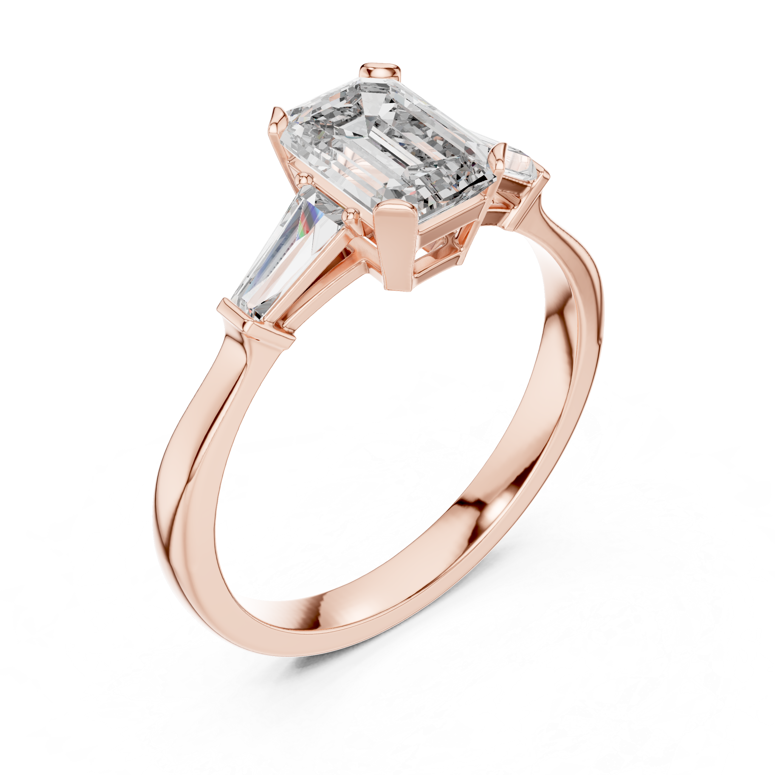 Emerald Cut Diamond Three Stone Ring with Baguette Side Stones