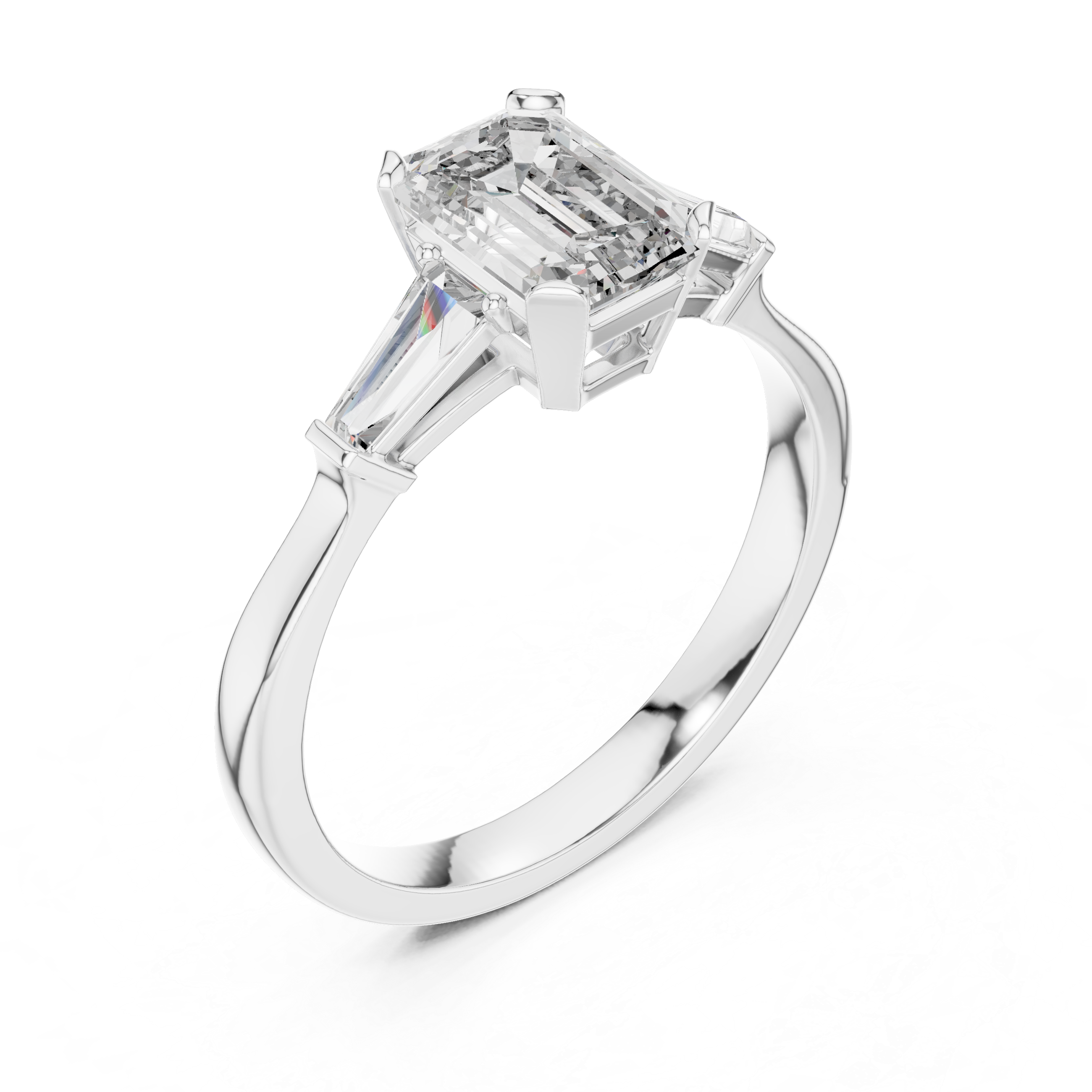 Emerald Cut Diamond Three Stone Ring with Baguette Side Stones