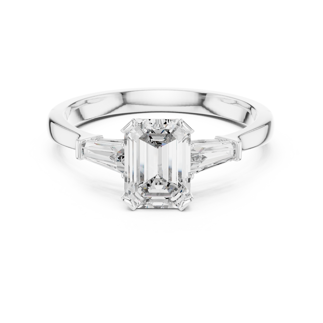 Emerald Cut Diamond Three Stone Ring with Baguette Side Stones