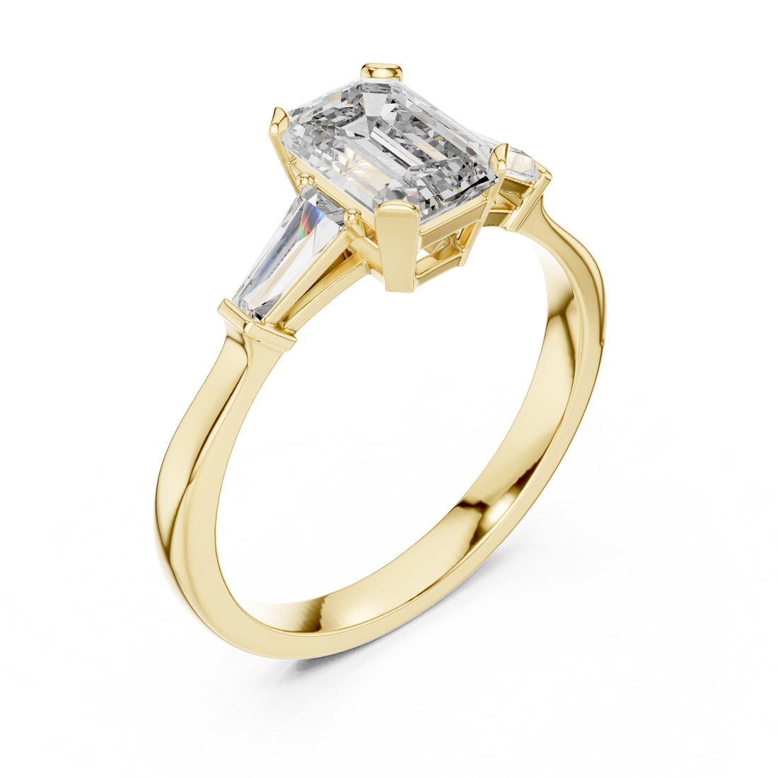 Emerald Cut Diamond Three Stone Ring with Baguette Side Stones