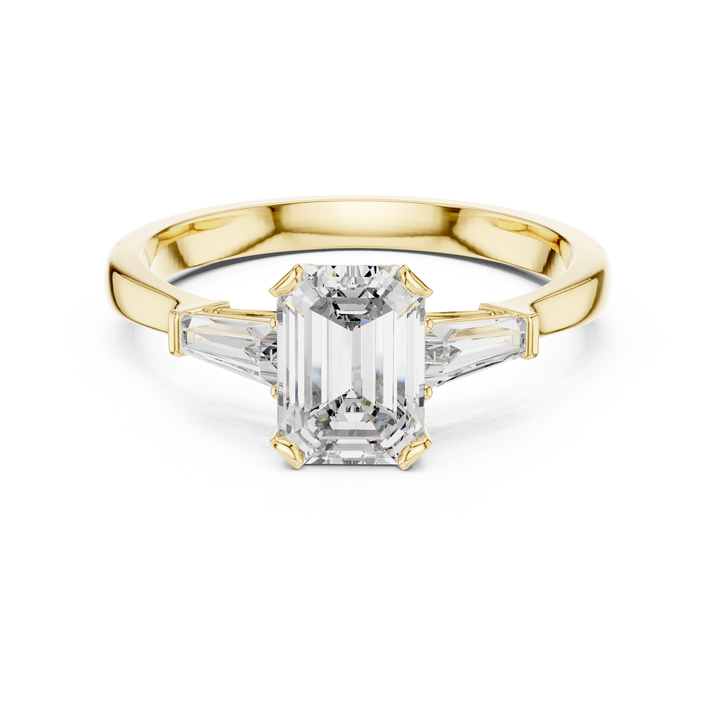 Emerald Cut Diamond Three Stone Ring with Baguette Side Stones