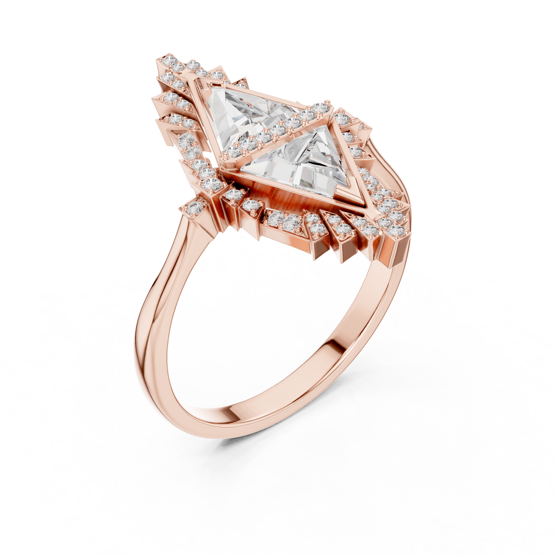 Kite Shaped Triangle Diamond Halo Ring with Geometric Double Frame