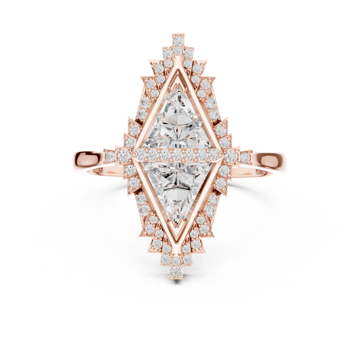 Kite Shaped Triangle Diamond Halo Ring with Geometric Double Frame