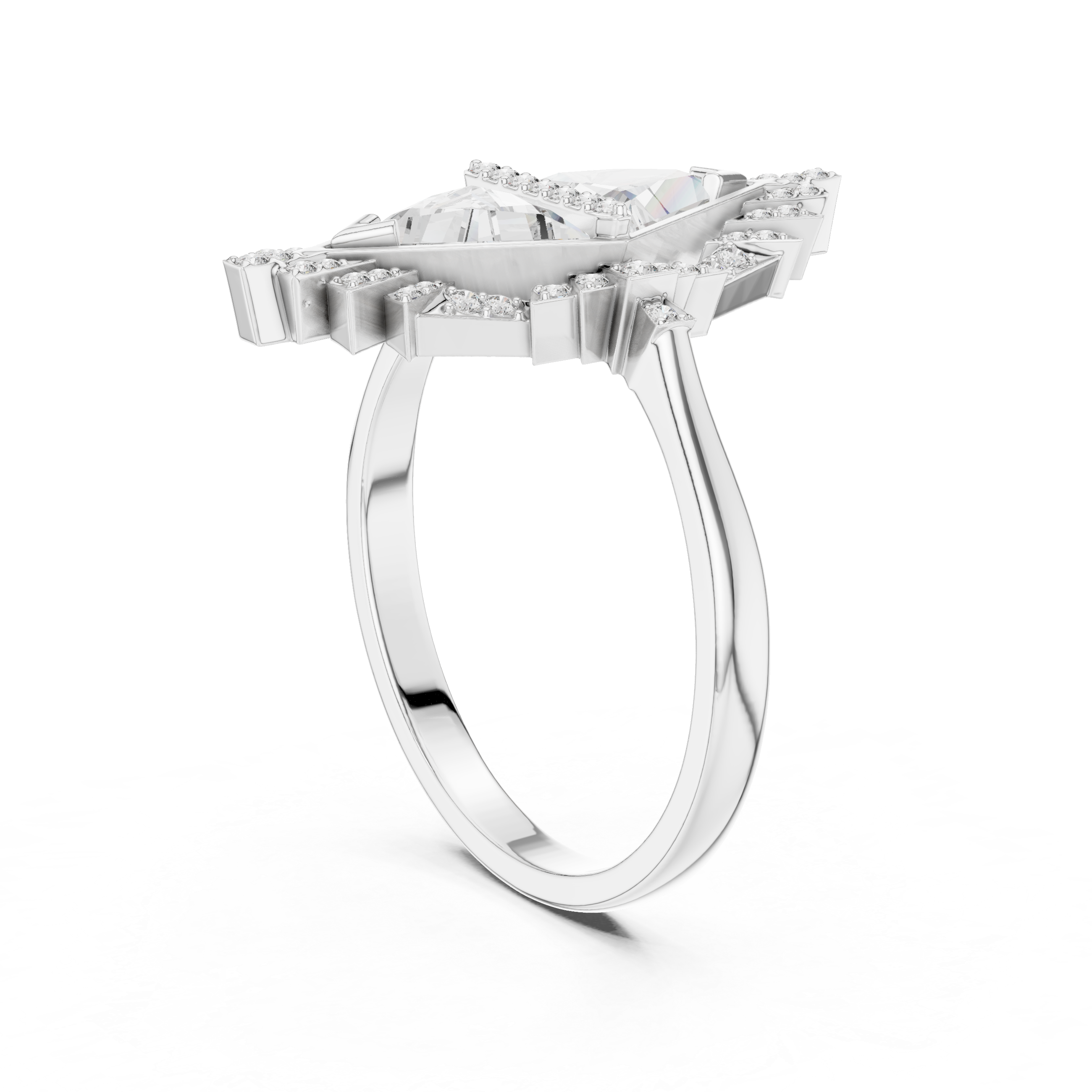 Kite Shaped Triangle Diamond Halo Ring with Geometric Double Frame