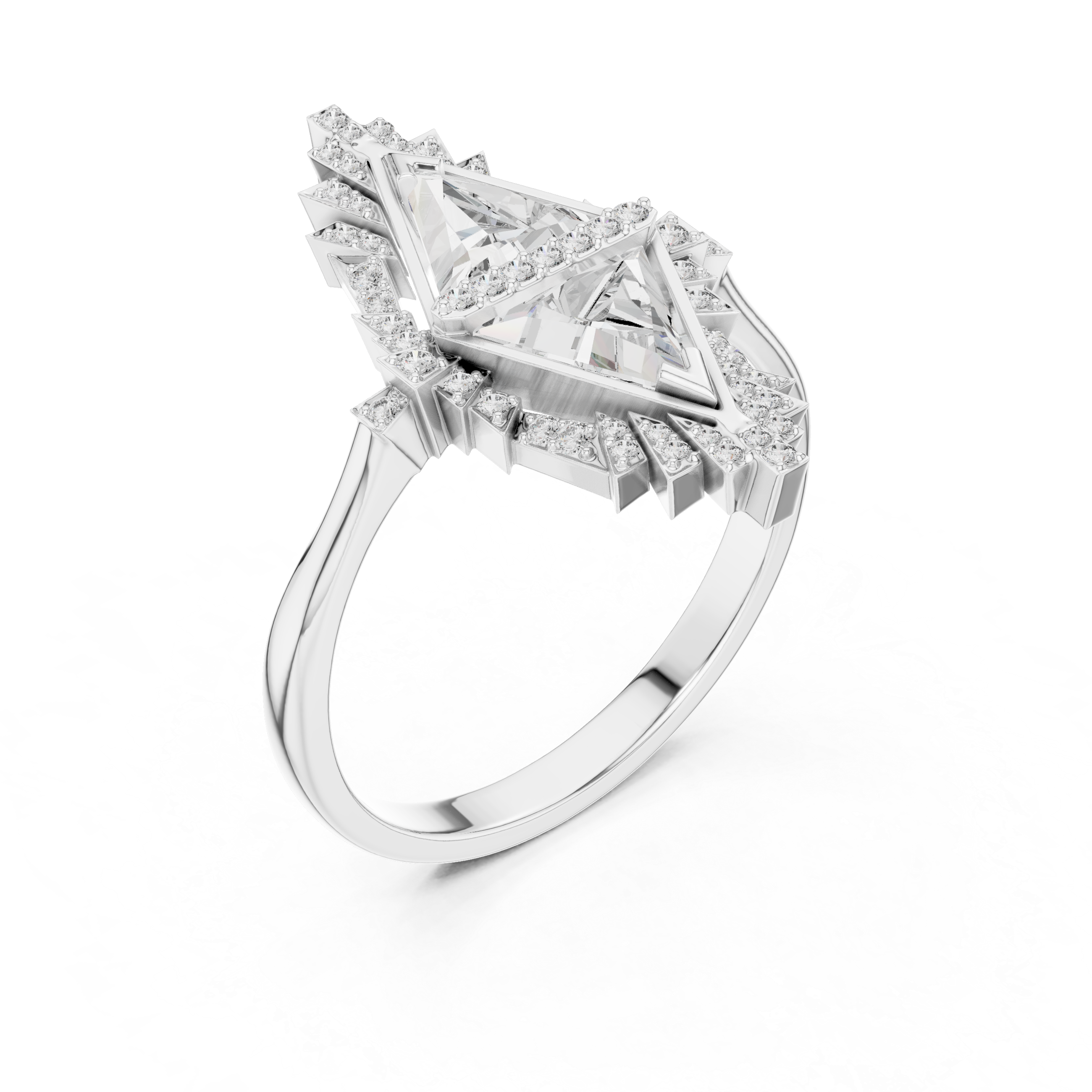Kite Shaped Triangle Diamond Halo Ring with Geometric Double Frame
