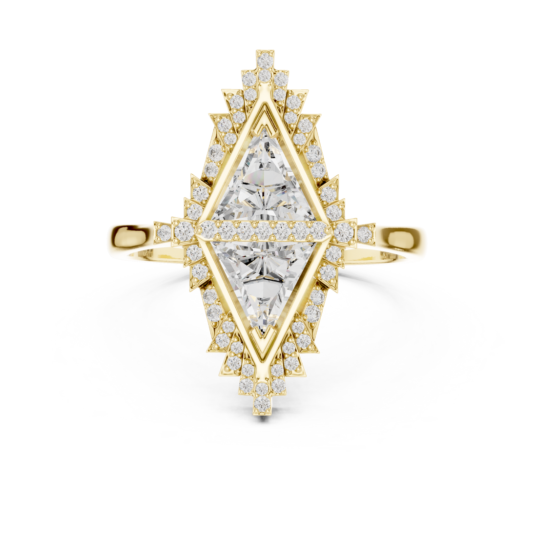 Kite Shaped Triangle Diamond Halo Ring with Geometric Double Frame