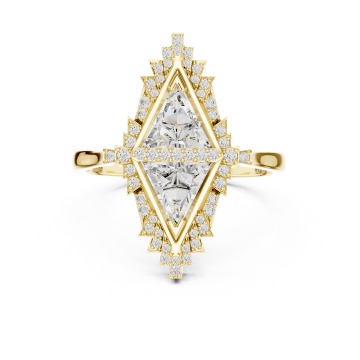 Kite Shaped Triangle Diamond Halo Ring with Geometric Double Frame