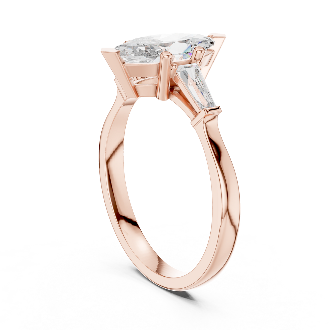Marquise Cut Diamond Three Stone Ring with Tapered Baguette Accents