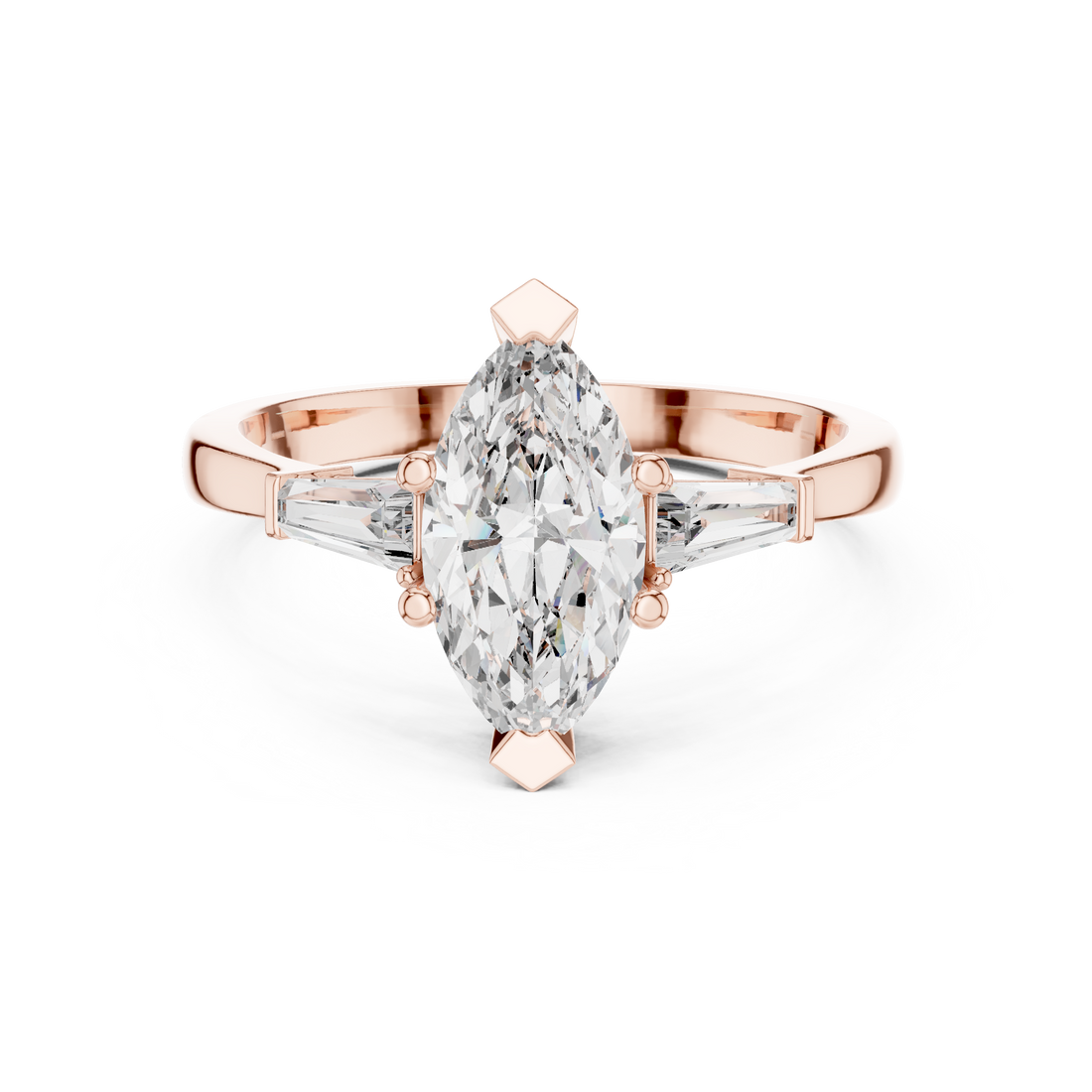 Marquise Cut Diamond Three Stone Ring with Tapered Baguette Accents