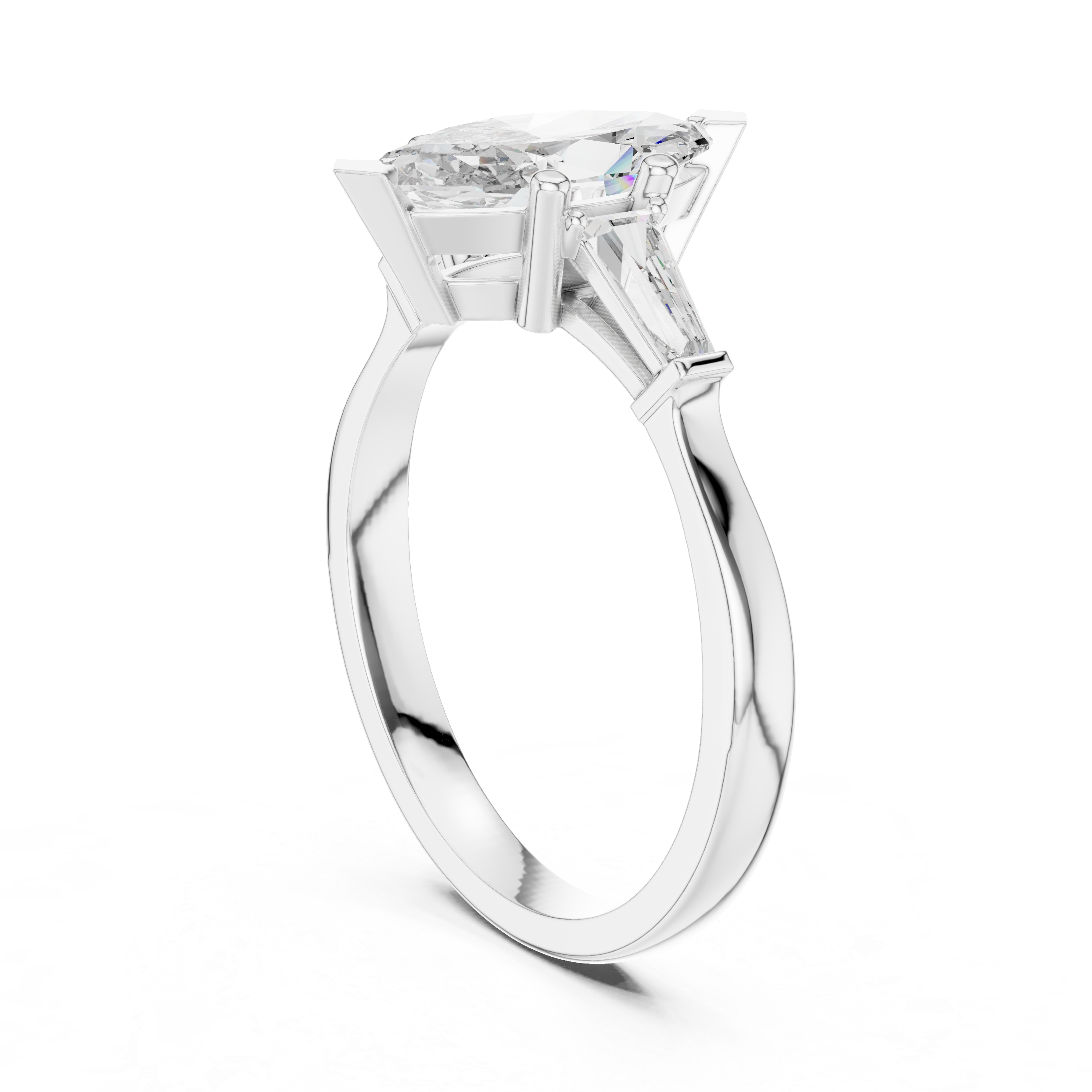 Marquise Cut Diamond Three Stone Ring with Tapered Baguette Accents