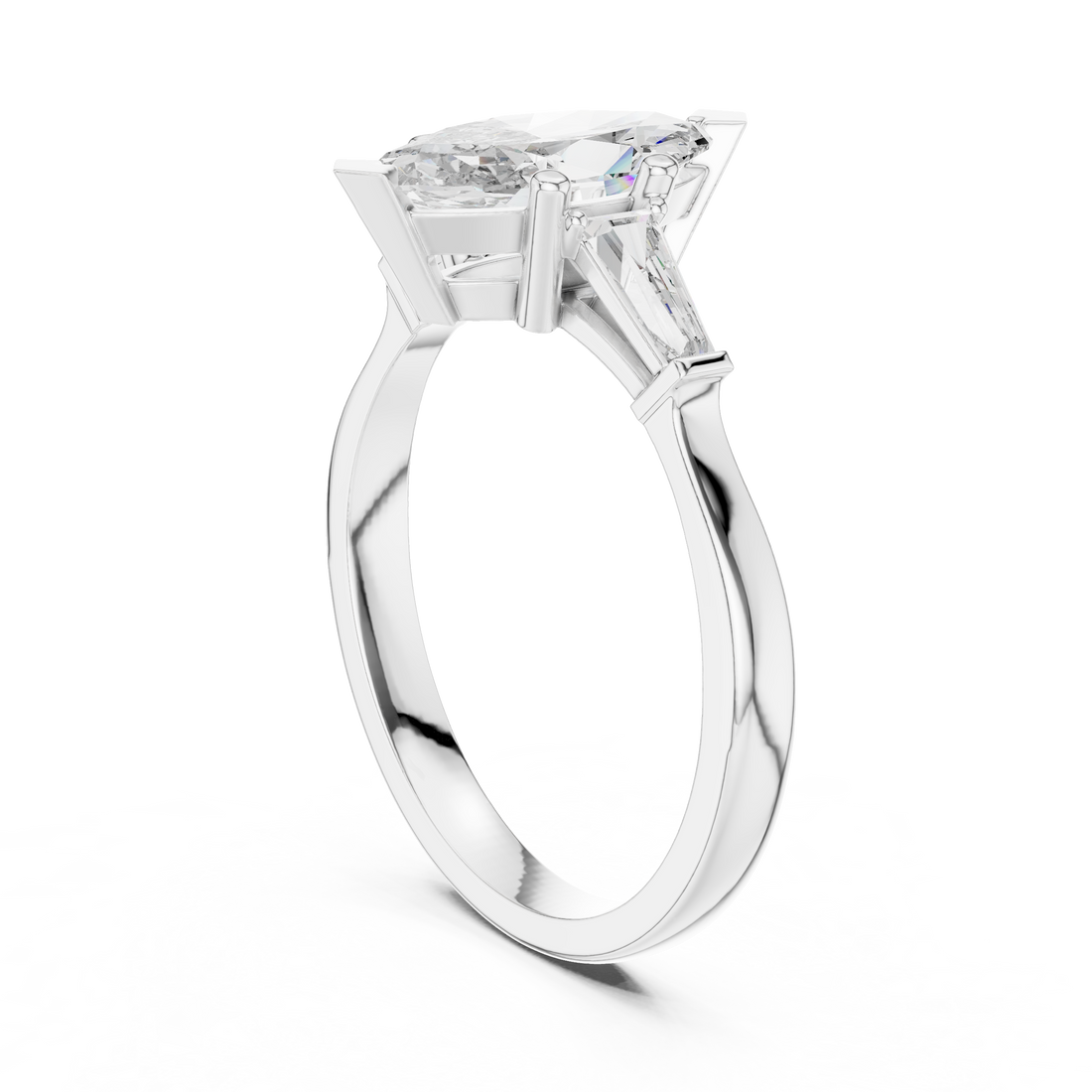 Marquise Cut Diamond Three Stone Ring with Tapered Baguette Accents