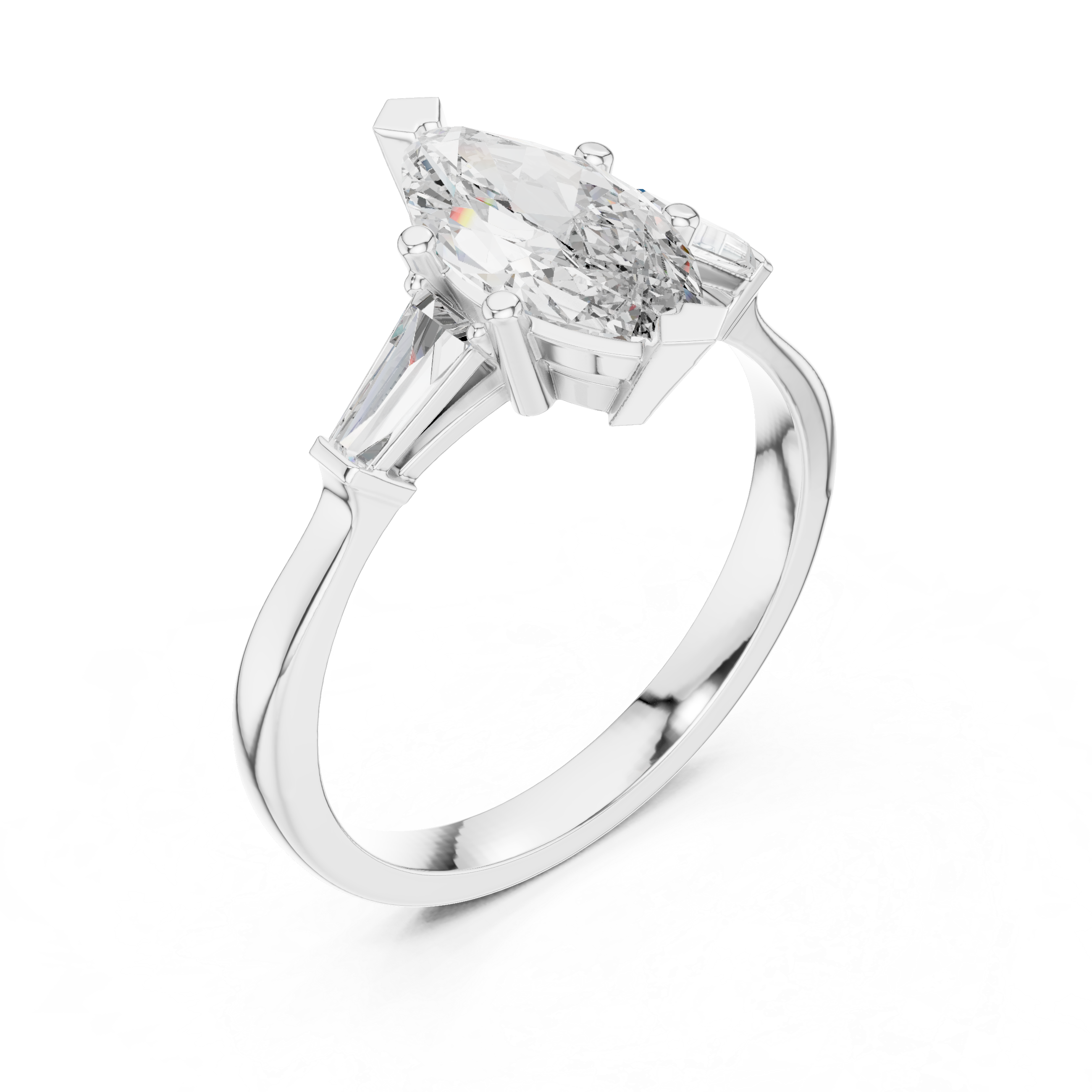 Marquise Cut Diamond Three Stone Ring with Tapered Baguette Accents