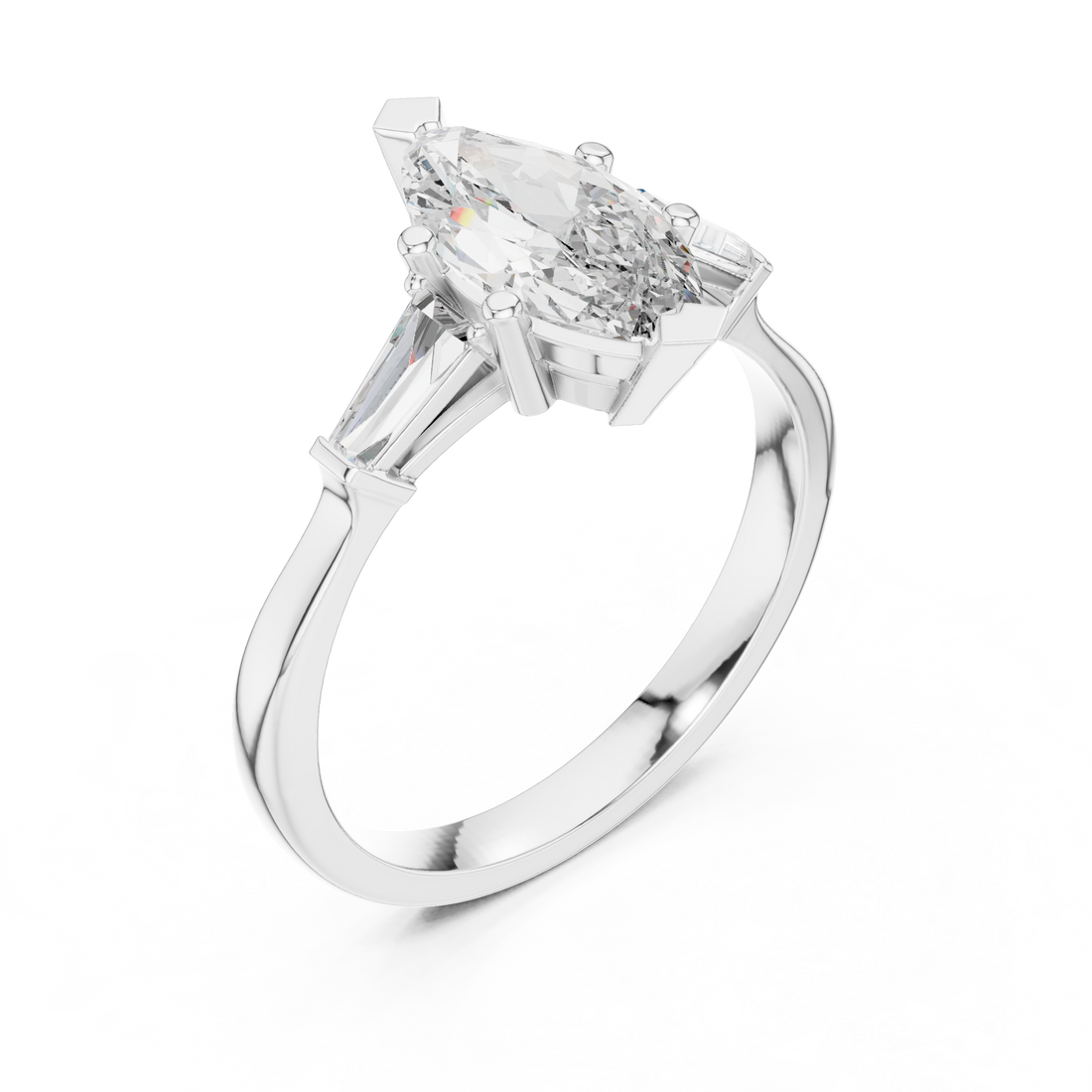 Marquise Cut Diamond Three Stone Ring with Tapered Baguette Accents