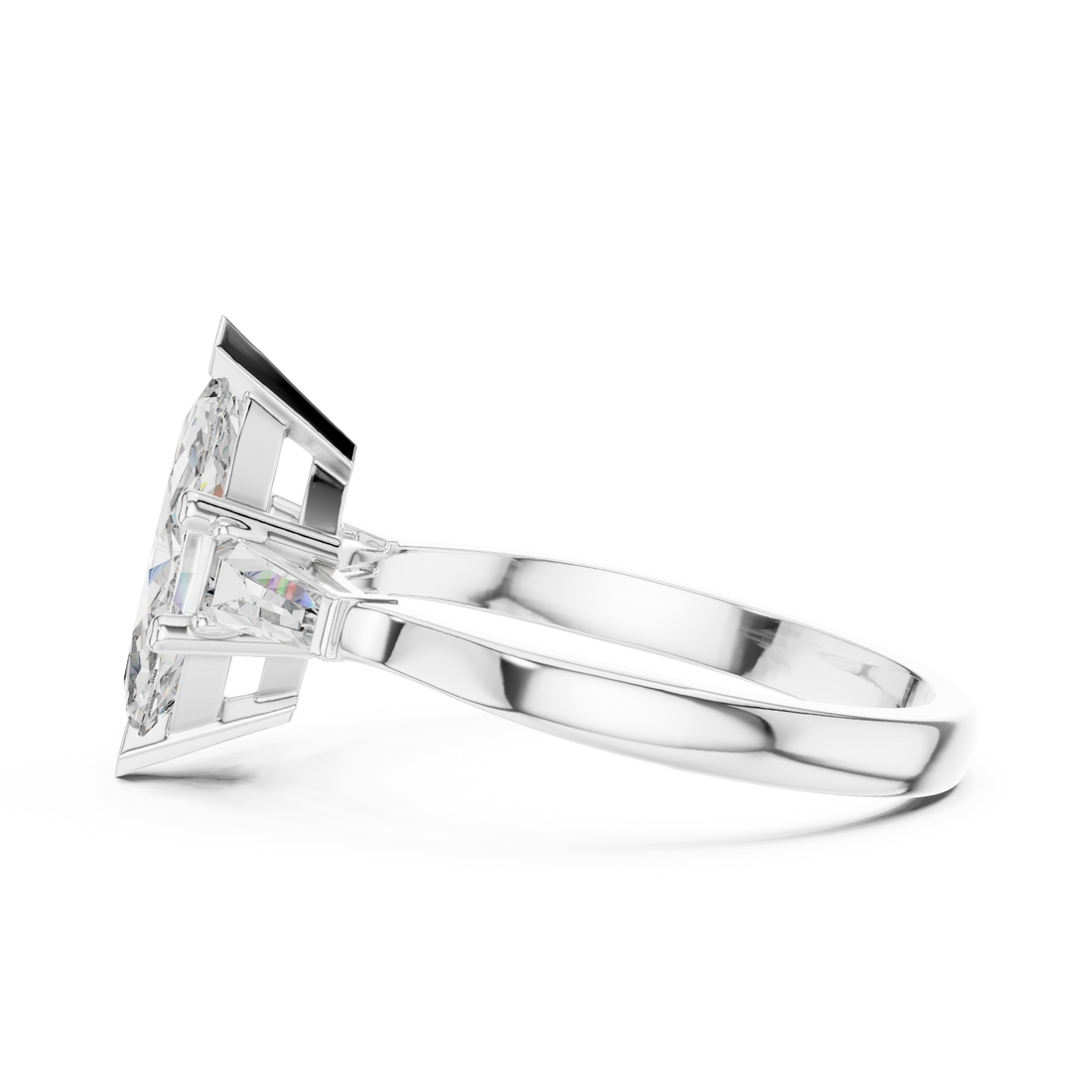 Marquise Cut Diamond Three Stone Ring with Tapered Baguette Accents