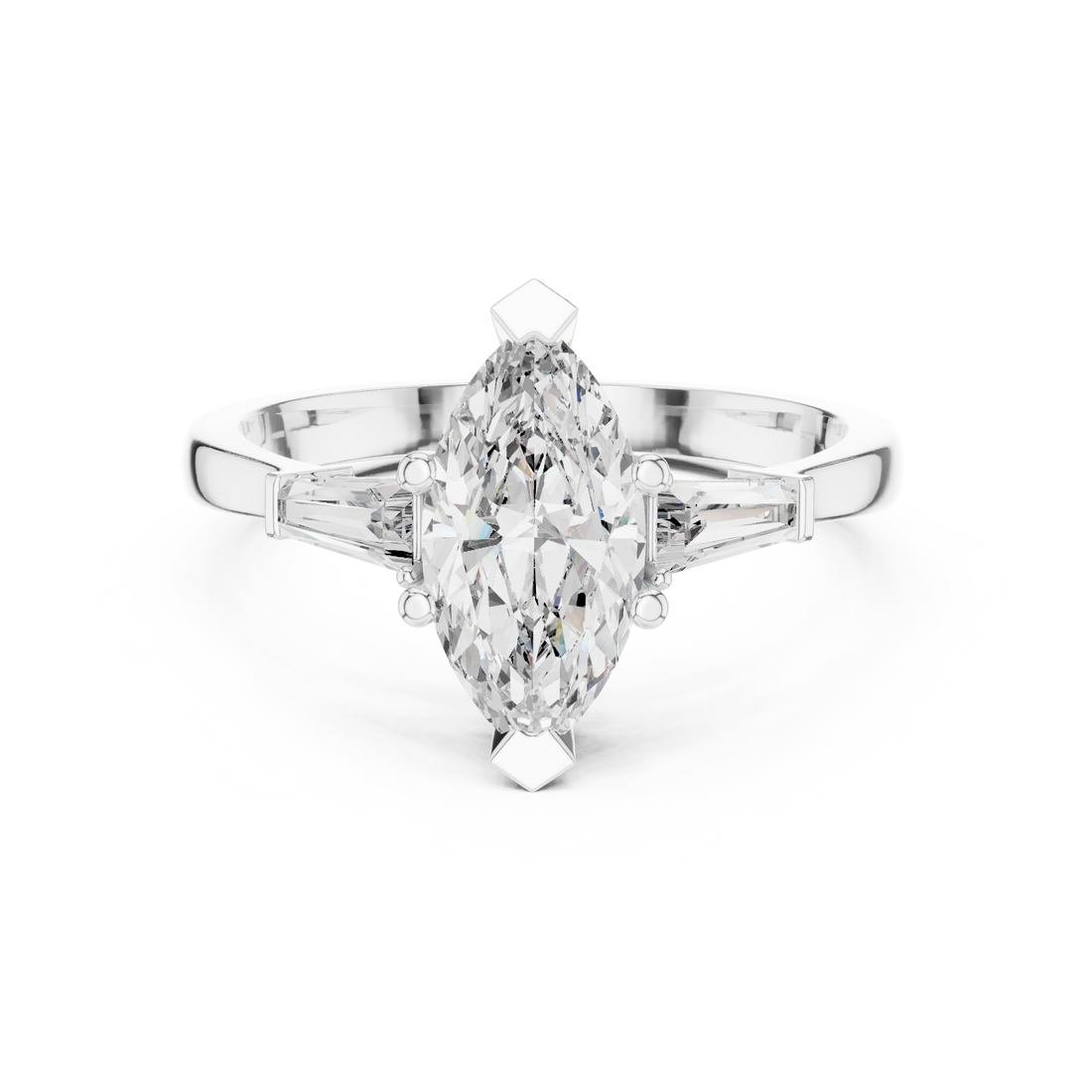Marquise Cut Diamond Three Stone Ring with Tapered Baguette Accents