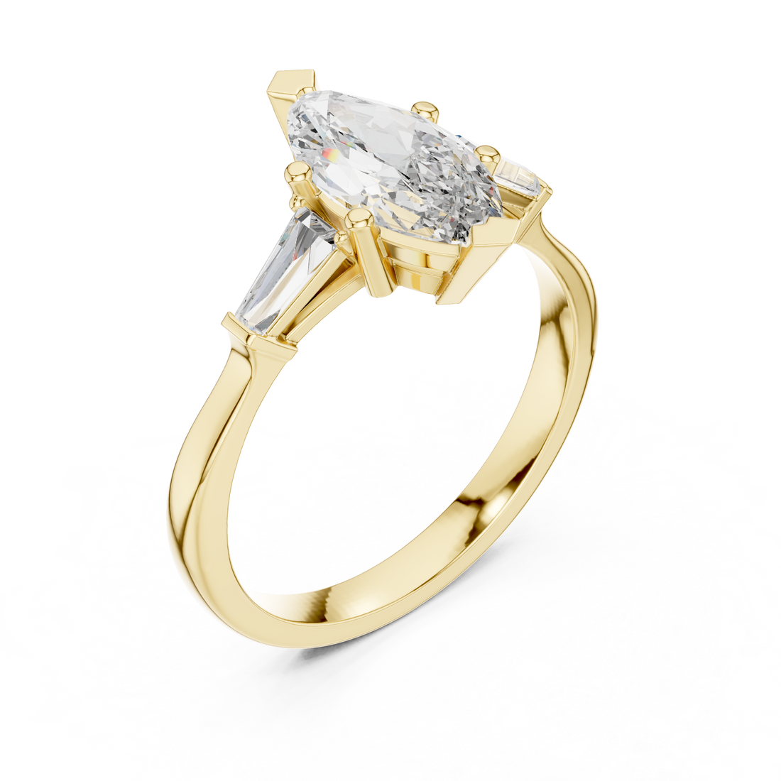 Marquise Cut Diamond Three Stone Ring with Tapered Baguette Accents