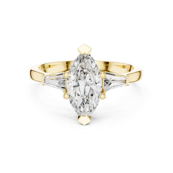Marquise Cut Diamond Three Stone Ring with Tapered Baguette Accents