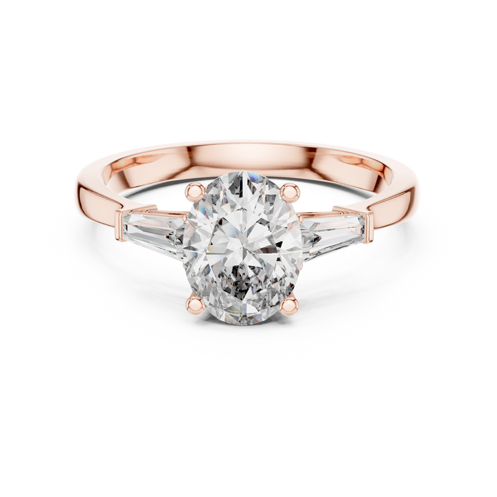 Oval Cut Diamond Three Stone Ring with Baguette Side Accents