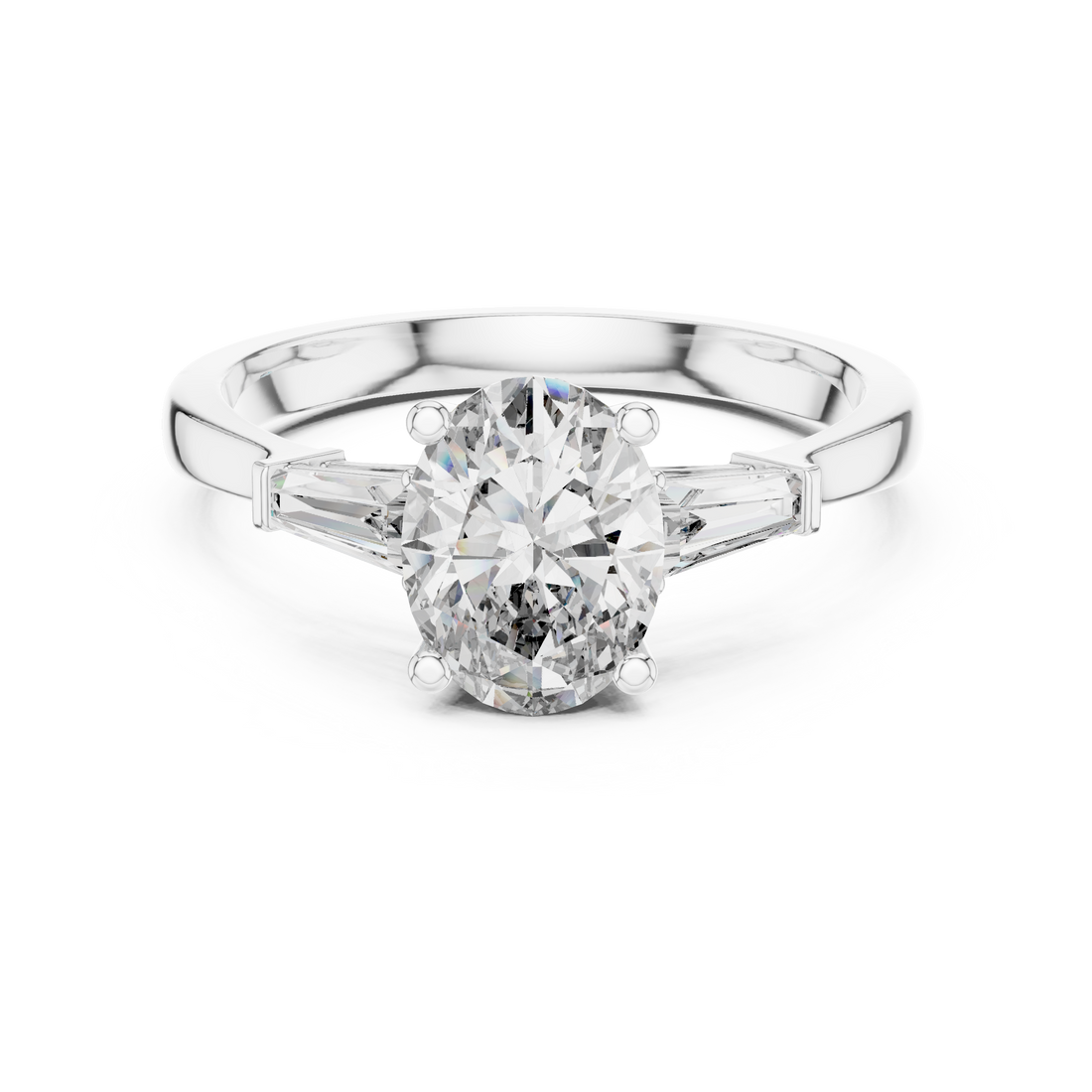 Oval Cut Diamond Three Stone Ring with Baguette Side Accents