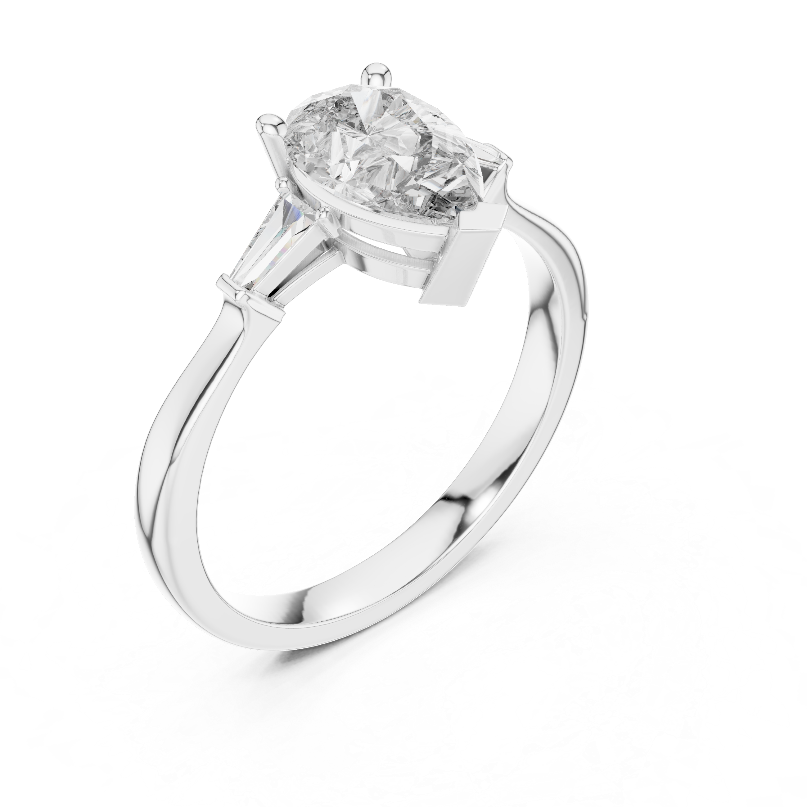 Pear Cut Diamond Three Stone Ring with Tapered Baguette Accents