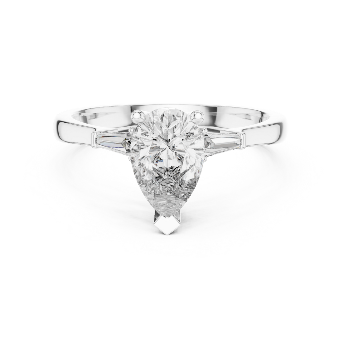 Pear Cut Diamond Three Stone Ring with Tapered Baguette Accents