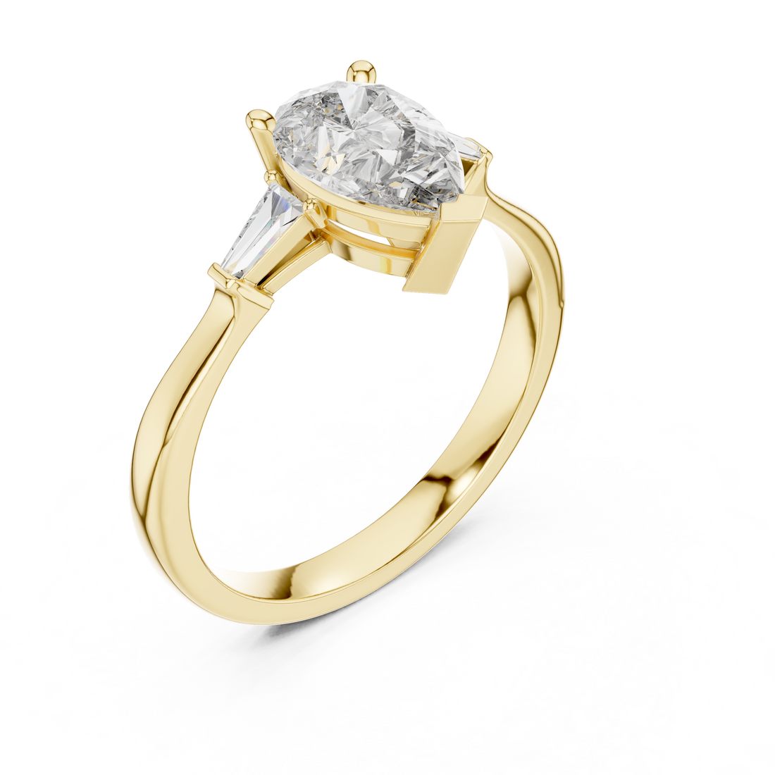 Pear Cut Diamond Three Stone Ring with Tapered Baguette Accents