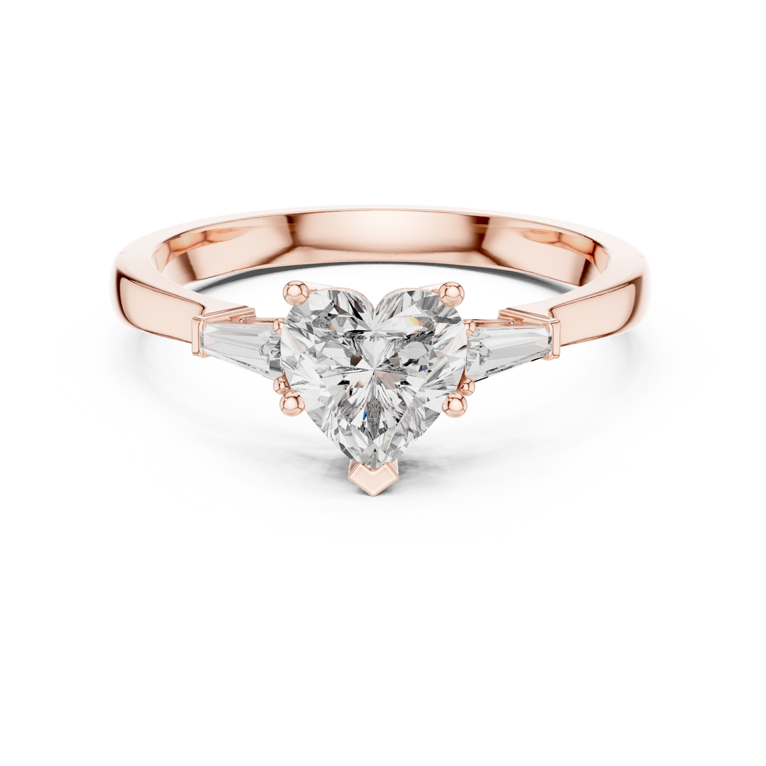 Heart Cut Diamond Three Stone Ring with Baguette Side Accents