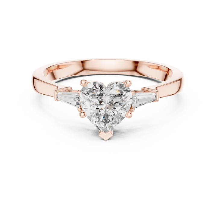 Heart Cut Diamond Three Stone Ring with Baguette Side Accents