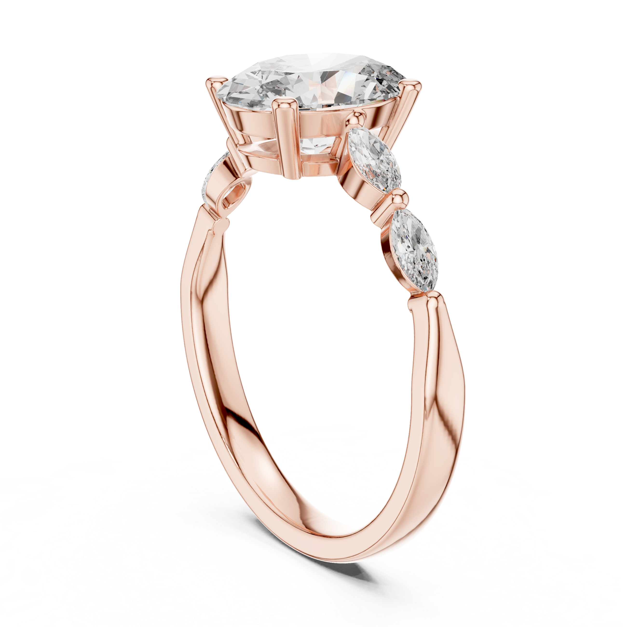 Oval Cut Diamond Ring with Marquise Side Stone Accents