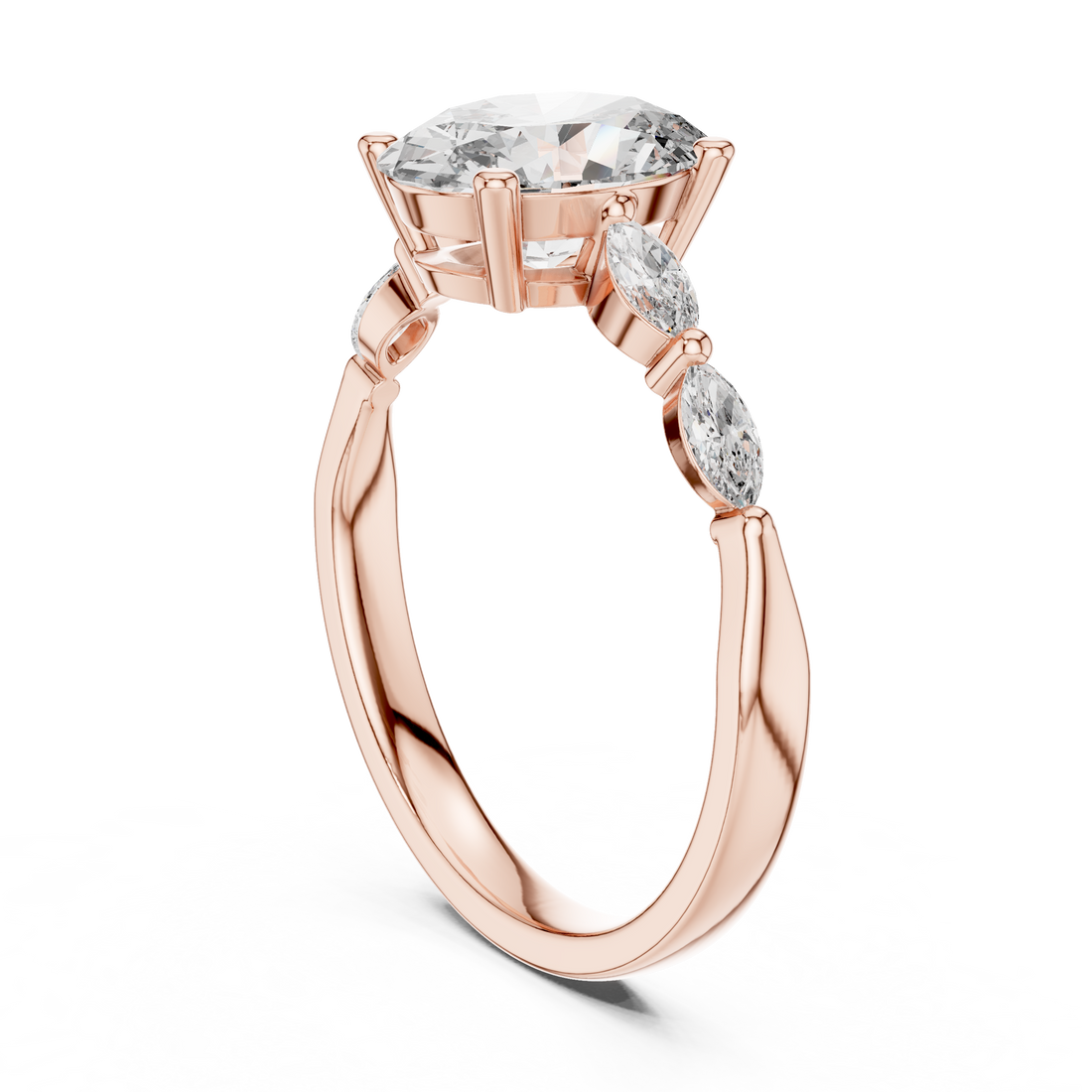 Oval Cut Diamond Ring with Marquise Side Stone Accents