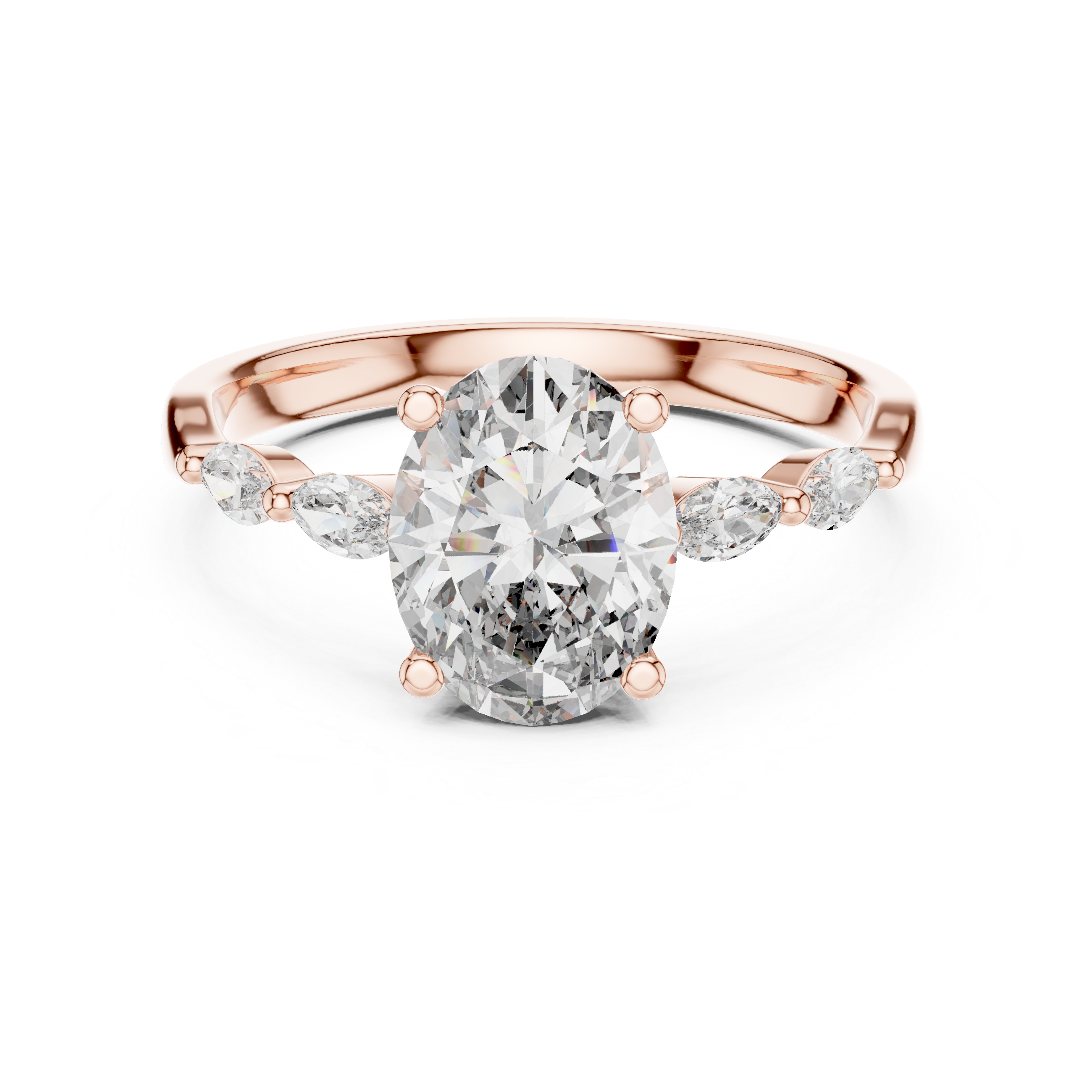 Oval Cut Diamond Ring with Marquise Side Stone Accents