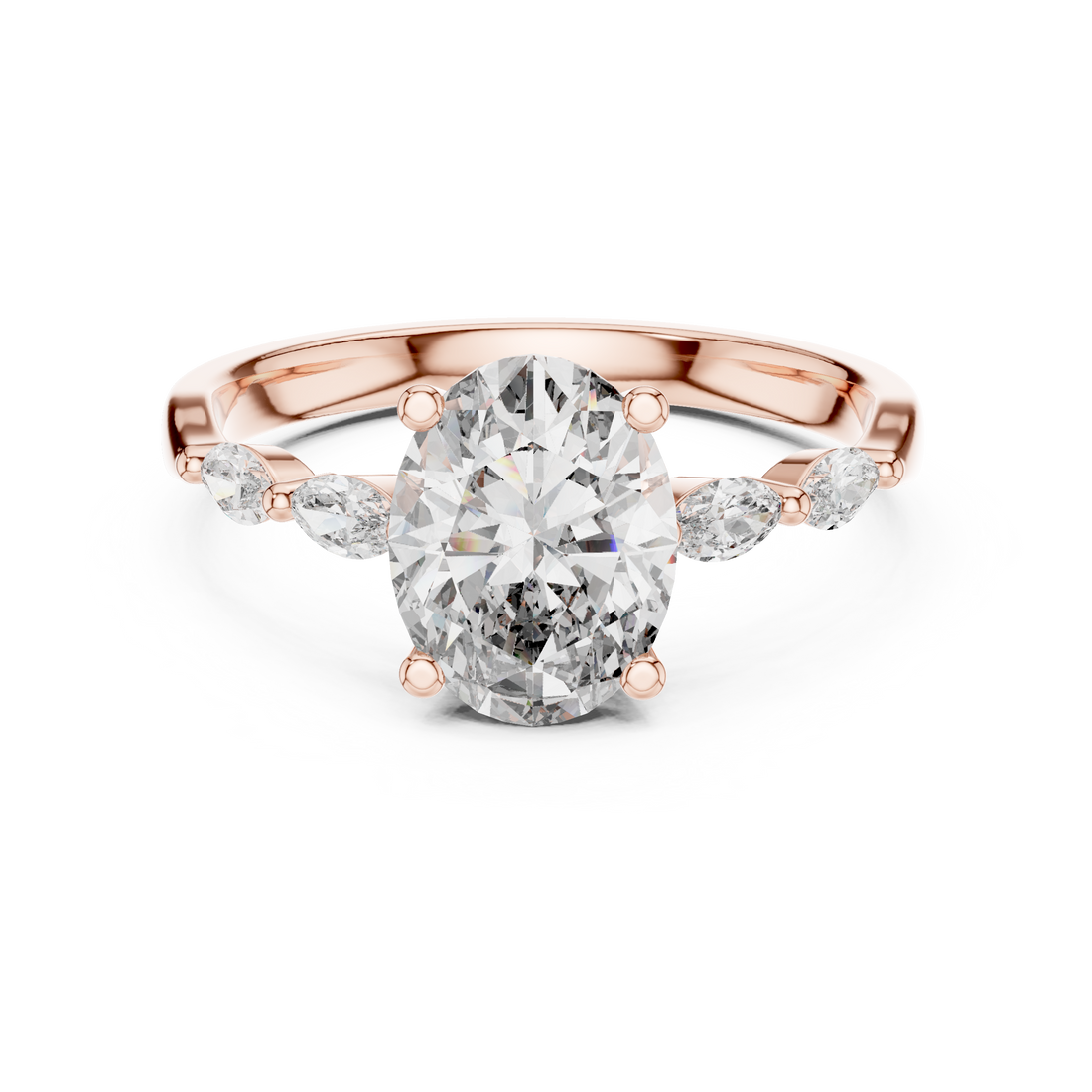 Oval Cut Diamond Ring with Marquise Side Stone Accents