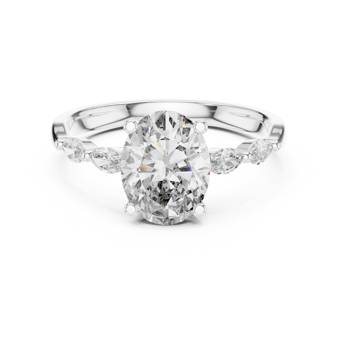 Oval Cut Diamond Ring with Marquise Side Stone Accents