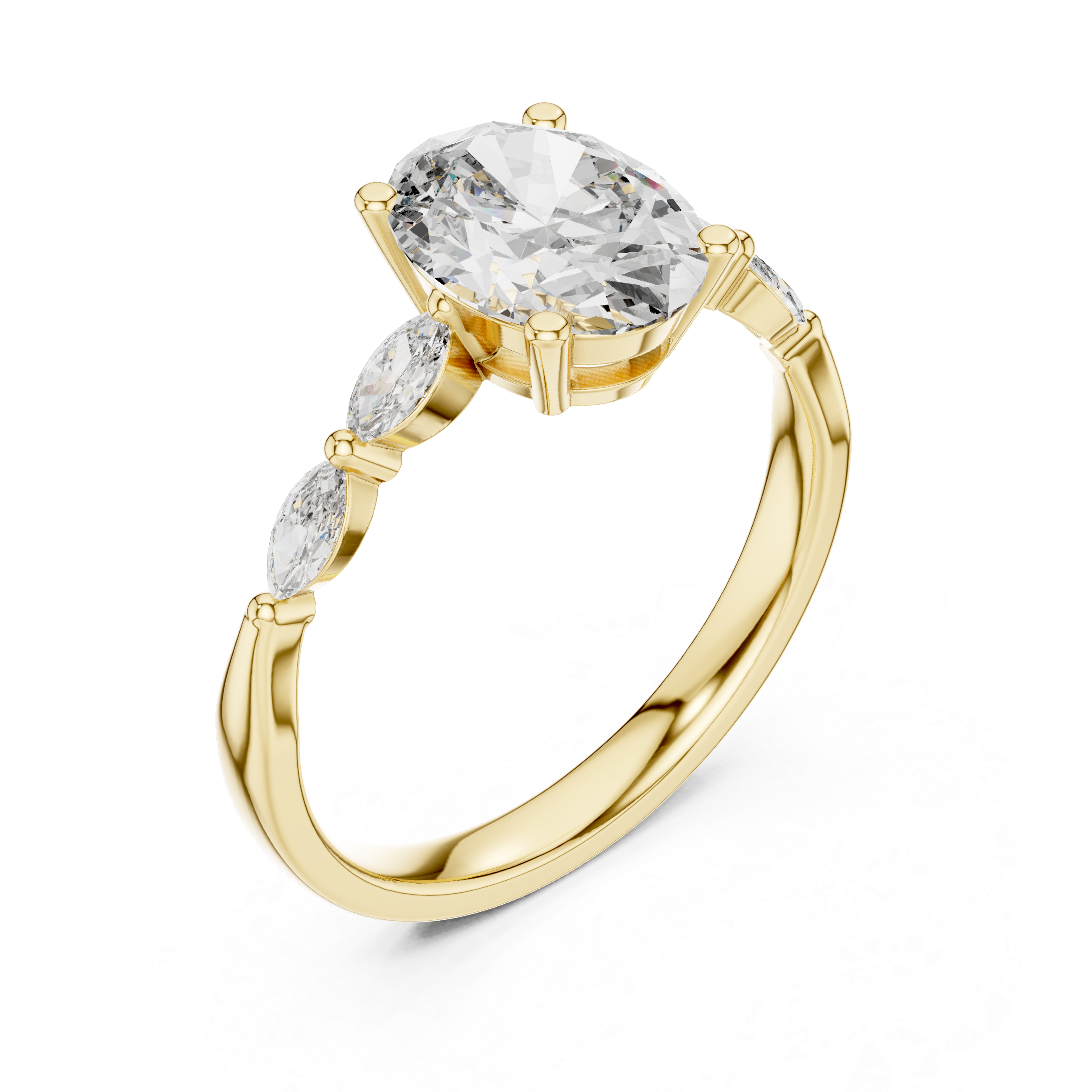 Oval Cut Diamond Ring with Marquise Side Stone Accents