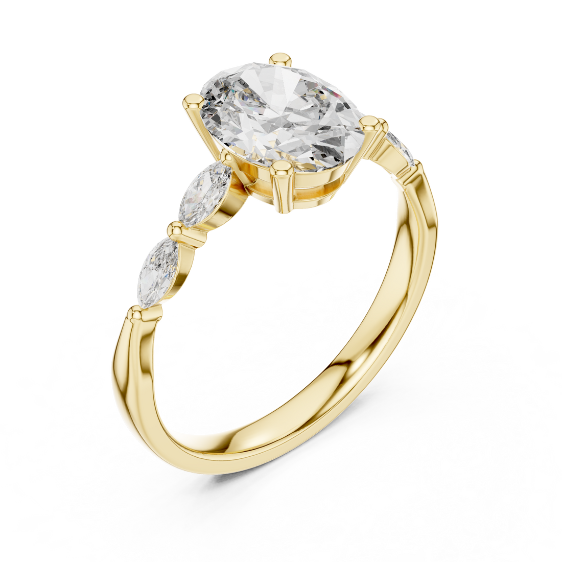 Oval Cut Diamond Ring with Marquise Side Stone Accents