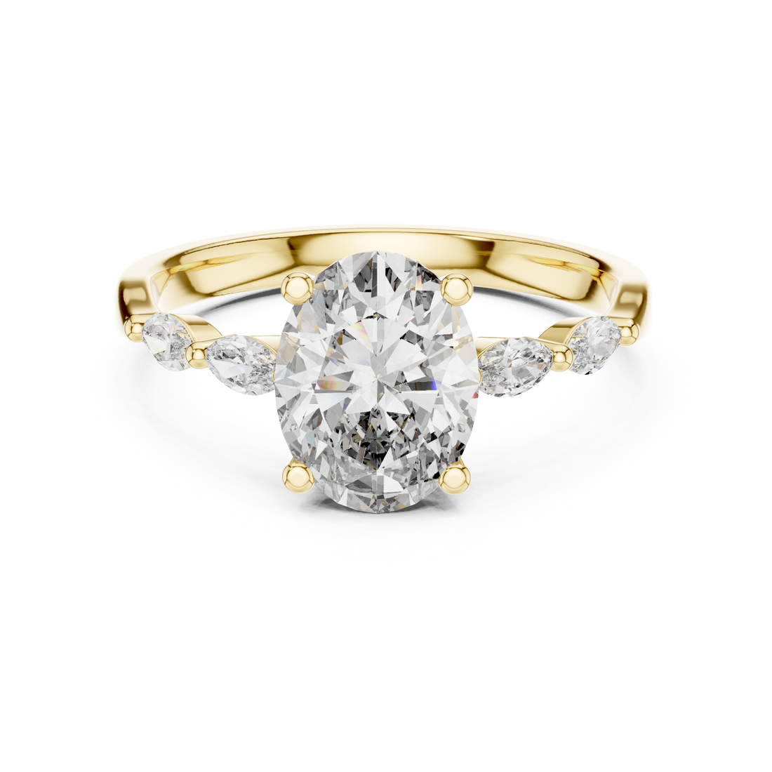 Oval Cut Diamond Ring with Marquise Side Stone Accents