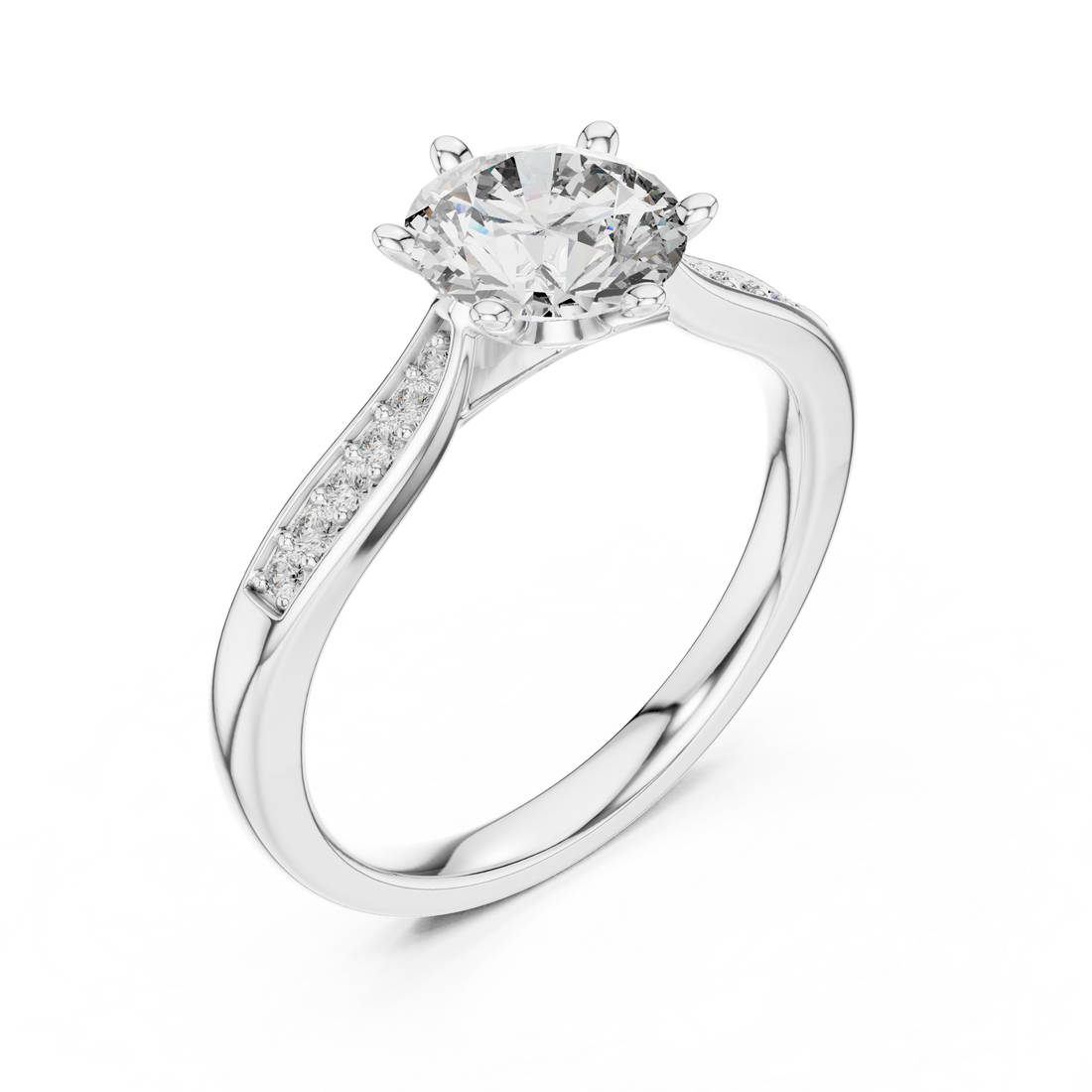 Round Cut Diamond Solitaire Ring with Pavé Side Stones