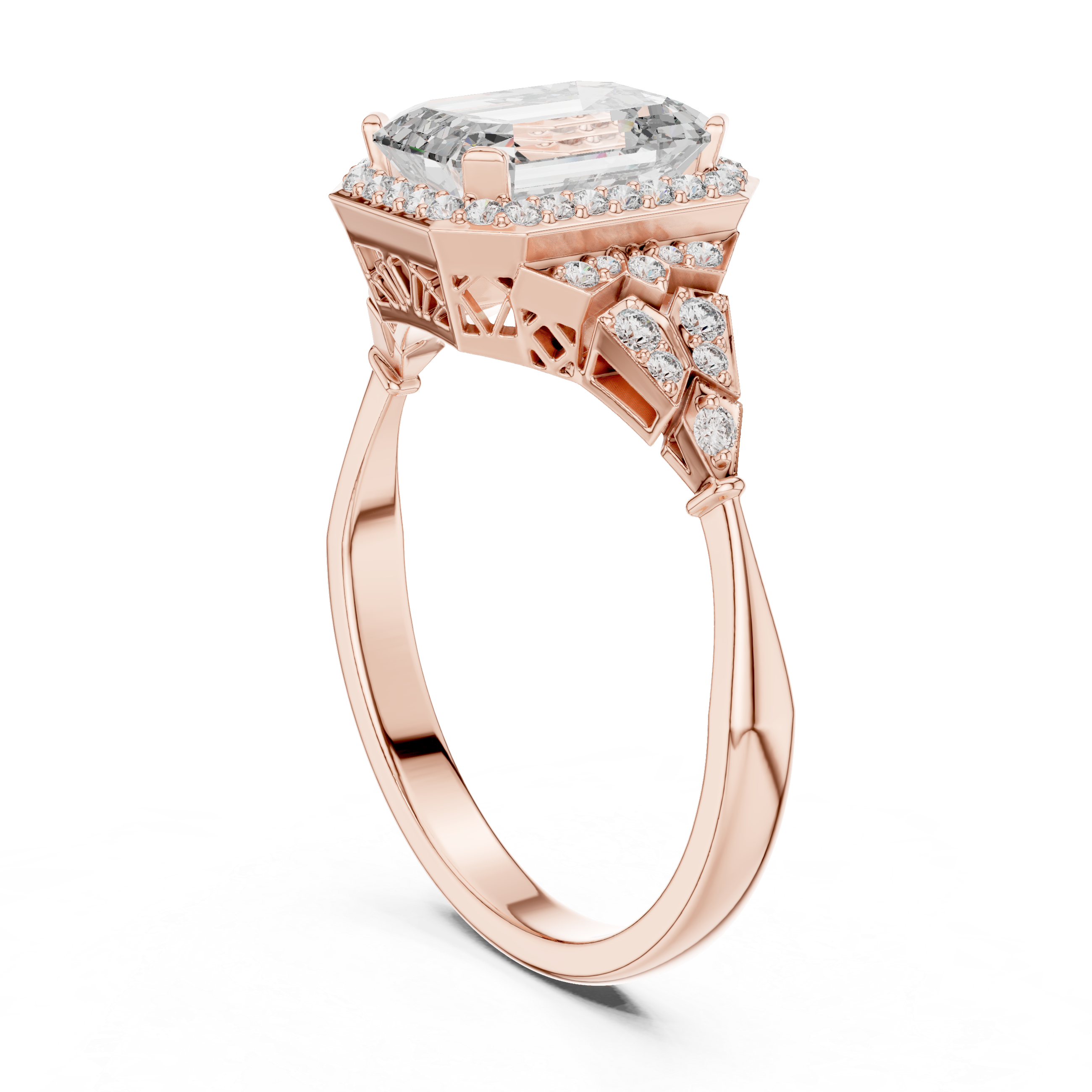 Emerald Cut Diamond Halo Ring with Sculpted Side Stone Accents